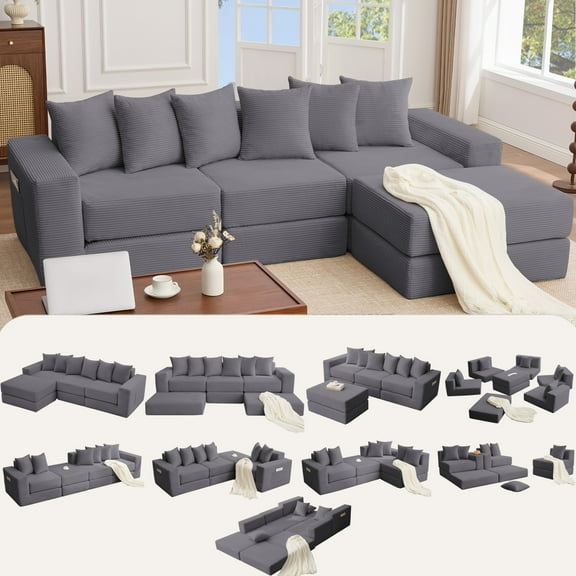 Leumius Convertible Sectional Sofa,Corner Couch,Convertible Floor Sleeper Sofa,10-in-1 Corduroy Modular Sofa,Free Combination Sofa,No Assembly,6 Pillows,Dark Gray