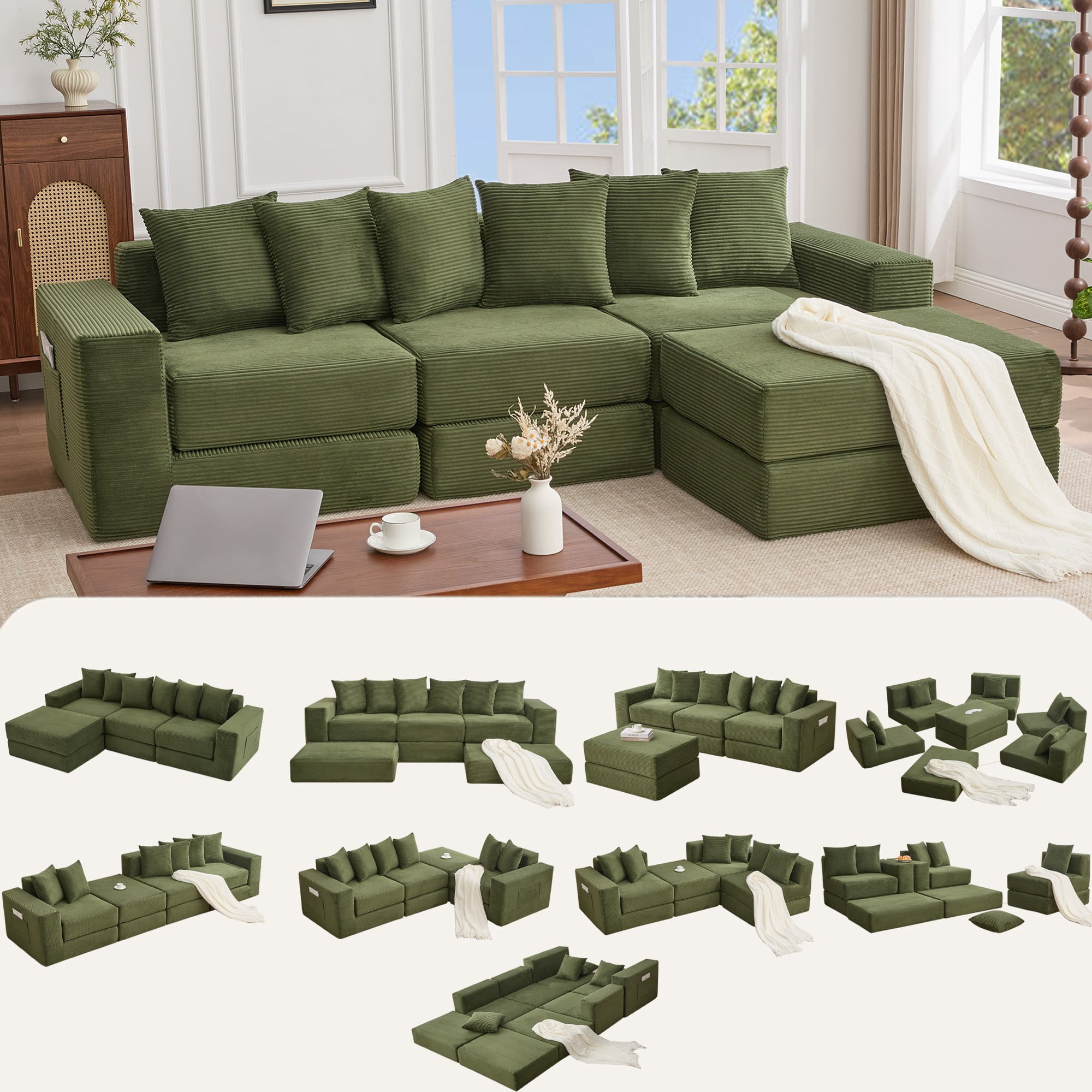 Leumius Convertible Sectional Sofa,Corner Couch,Convertible Floor Sleeper Sofa,10-in-1 Corduroy Modular Sofa,Free Combination Sofa,No Assembly,6 Pillows,Green