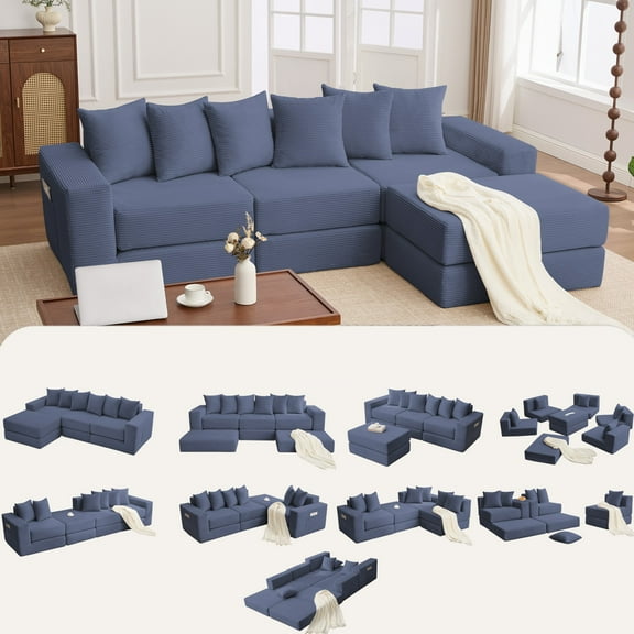 Leumius Convertible Sectional Sofa,Corner Couch,Convertible Floor Sleeper Sofa,10-in-1 Corduroy Modular Sofa,Free Combination Sofa,No Assembly,6 Pillows,Blue
