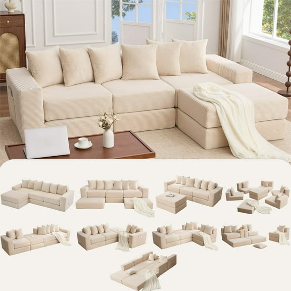 Leumius Convertible Sectional Sofa,Corner Couch,Convertible Floor Sleeper Sofa,10-in-1 Corduroy Modular Sofa,Free Combination Sofa,No Assembly,6 Pillows,Beige