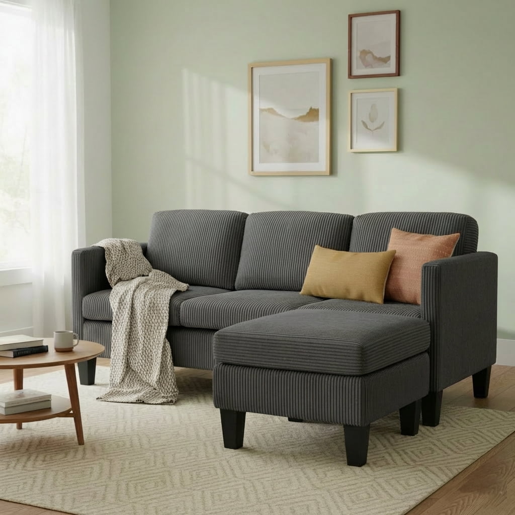 Leumius Convertible Sectional Sofa Couch,Modern Corduroy L-Shaped Couch with Storage Ottoman,Small Sofa for Small Living Room, Apartment and Small Space,Gray