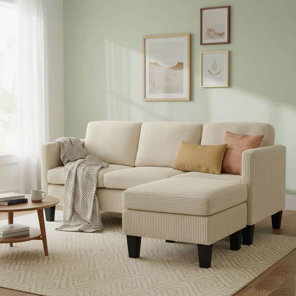 Leumius Convertible Sectional Sofa Couch,Modern Corduroy L-Shaped Couch with Storage Ottoman,Small Sofa for Small Living Room, Apartment and Small Space,Off White
