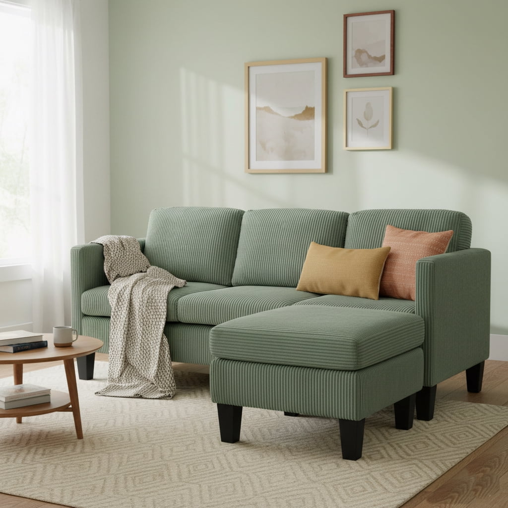Leumius Convertible Sectional Sofa Couch,Modern Corduroy L-Shaped Couch with Storage Ottoman,Small Sofa for Small Living Room, Apartment and Small Space,Olive Green