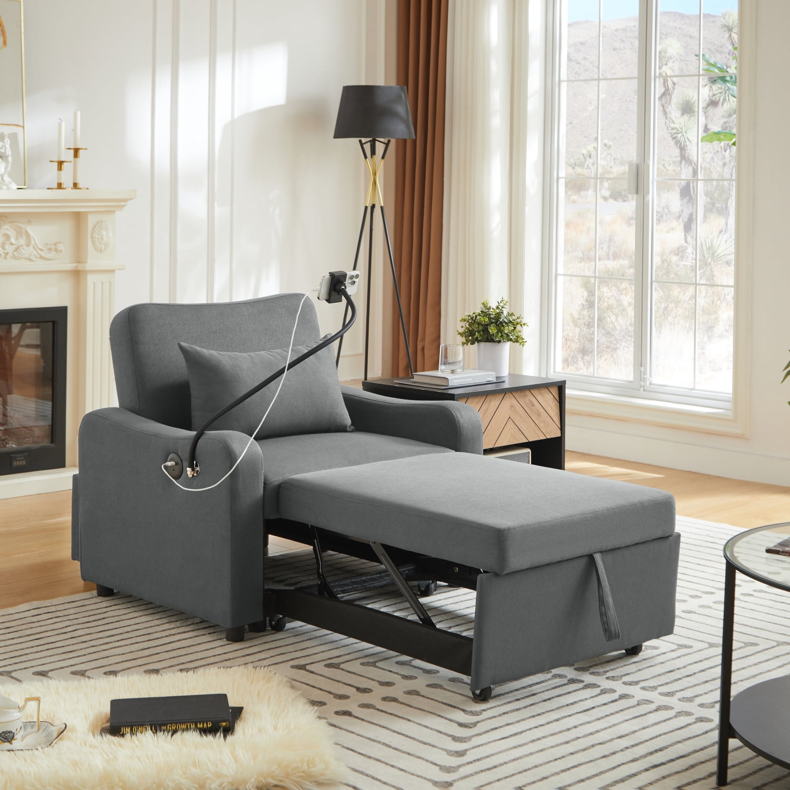 Leumius Convertible Sleeper Sofa Chair Bed,3 in 1 Linen Single Sofa with USB Port and Phone Holder,Pull Out Couch Recliner with Adjustable Backrest for Living Room, Office, Small Place,Dark Gray