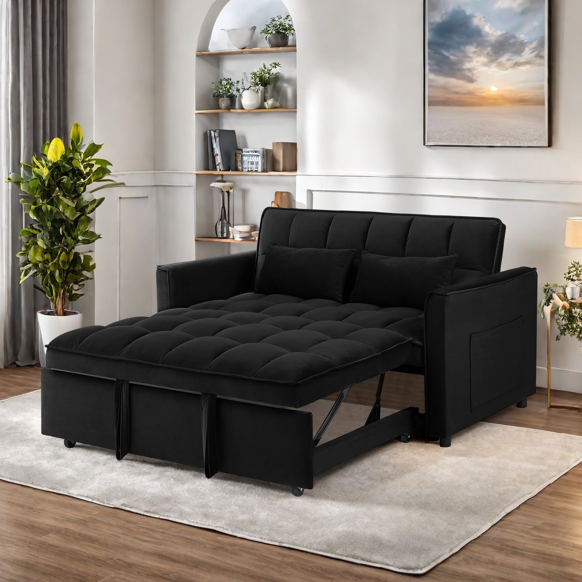 Leumius Convertible Sofa Bed,3 in 1 Sleeper Sofa with Pull Out Bed,Loveseat Couch with Adjustable Backrest for Living Room,Black