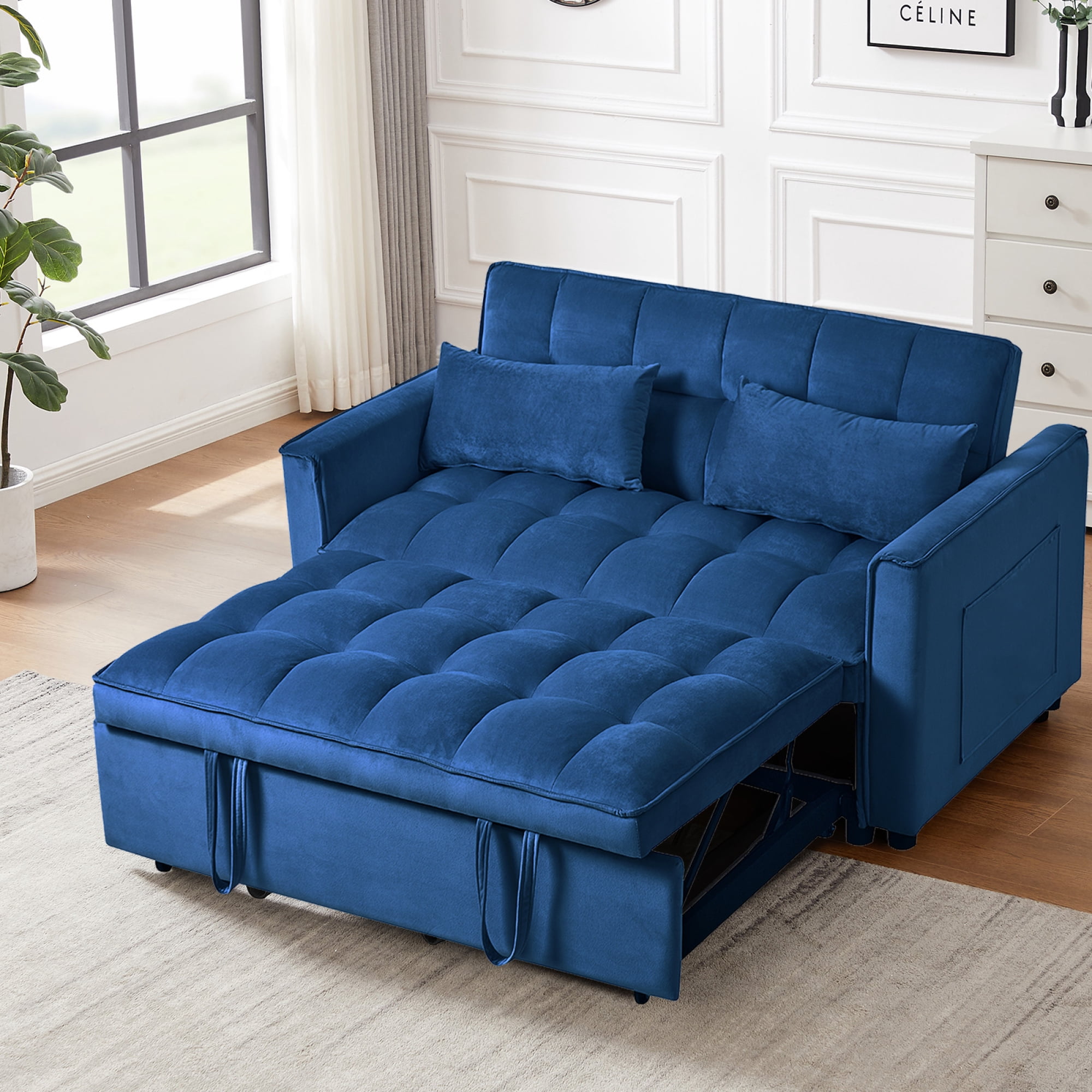 Leumius Convertible Sofa Bed,3 in 1 Sleeper Sofa with Pull Out Bed,Loveseat Couch with Adjustable Backrest for Living Room,Blue