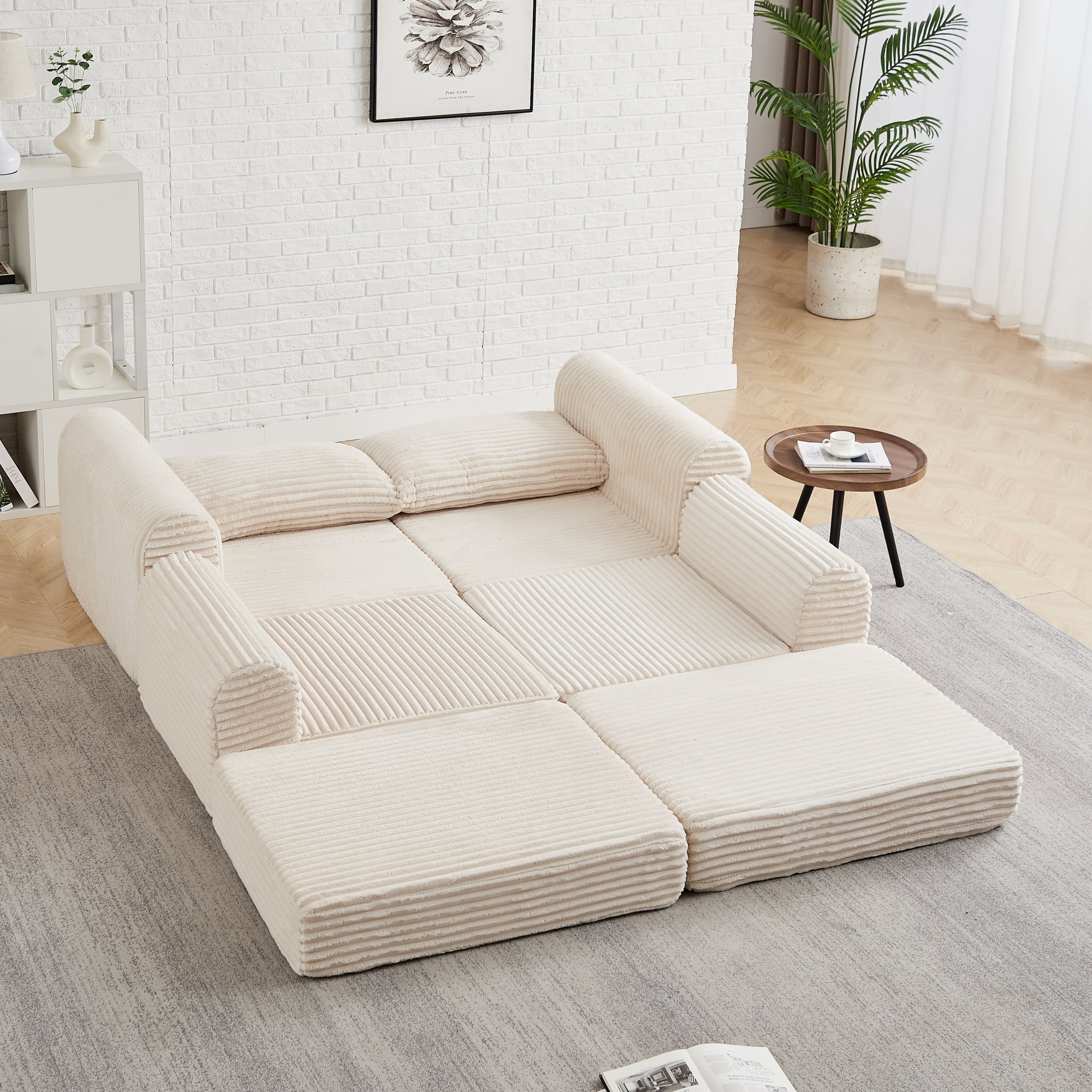 Leumius Convertible Sofa Bed, Modular L Shaped Cloud Sectional Boneless Couches with Deep Seat and Movable Ottoman,Folding Floor Sofa Bed with 2 Pillows for Living Room & Bedroom,Beige