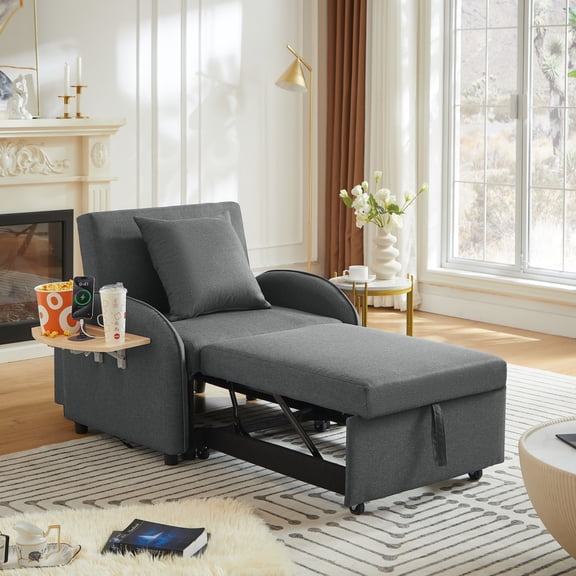 Leumius Convertible Sofa Chair Bed,3-in-1 Sleeper Sofa with Pull-Out Bed and USB Port,Foldable Table,Modern Linen Single Sofa Chair with Reclining Backrest for Living Room Small Space,Dark Gray