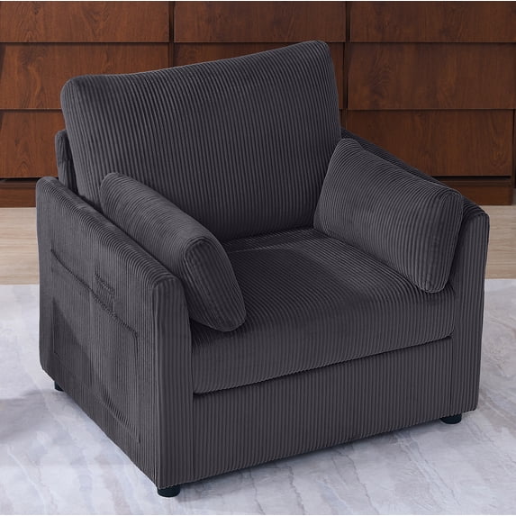 Leumius Corduroy Accent Chair, Modern Upholstered Single Sofa Armchair with 2 Pillows and Side Storage Pockets,Comfy Oversized Reading Chair for Living Room, Bedroom, Apartment,Blue