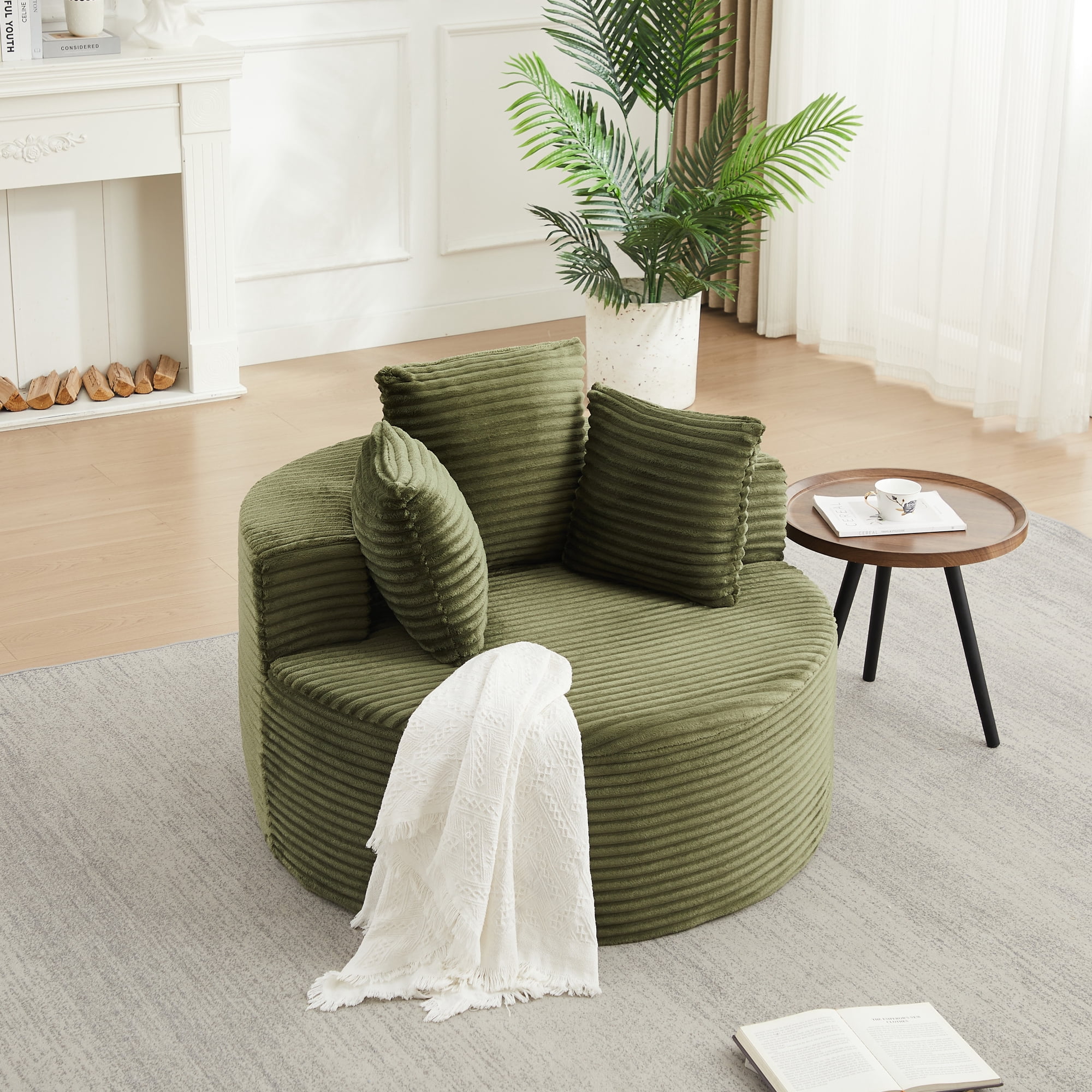 Leumius Corduroy Lounge Chair,Deep Seat Single Sofa with Pillow, Round Chaise Longue Chair for Living Room,No Assembly Required,Green