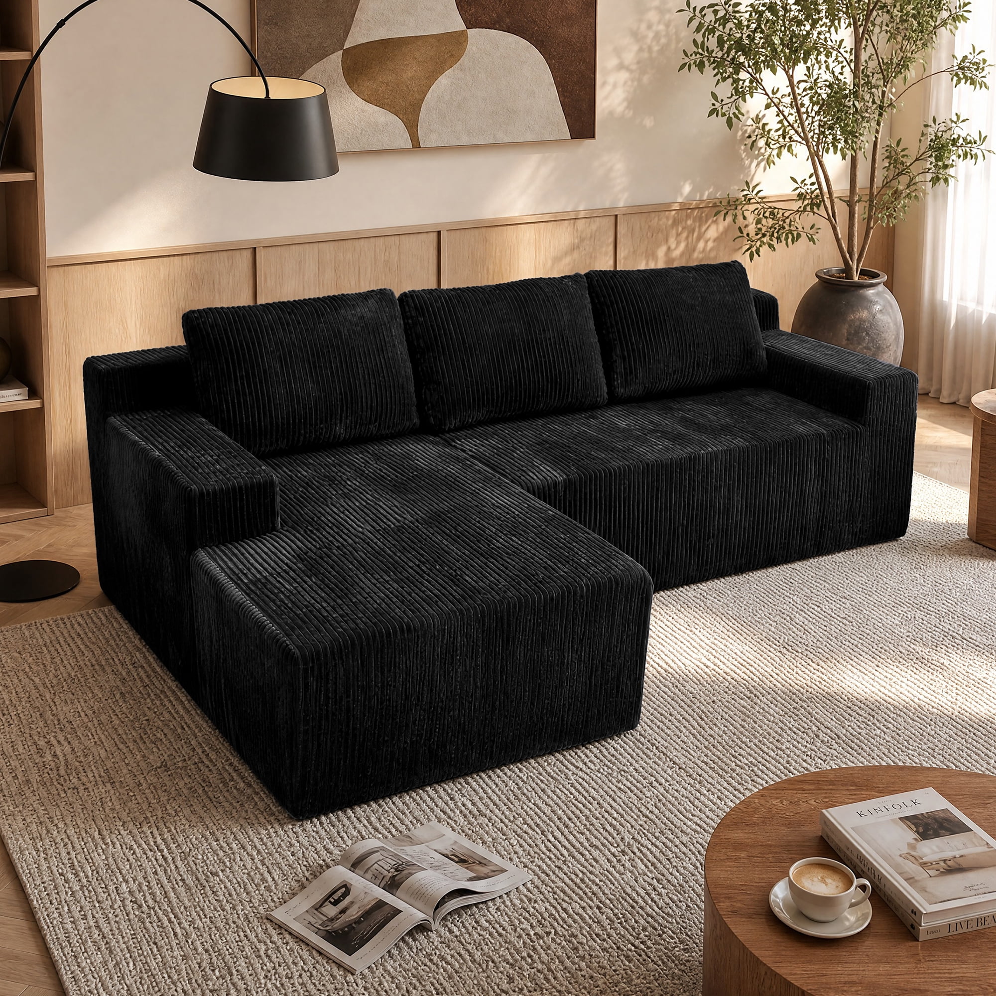 Leumius Corduroy Modular L-Shaped Sectional Sofa,Luxury Floor Couch Set,Upholstered Indoor Furniture,Foam-Filled Compressed Sofa for Living Room,Bedroom Black