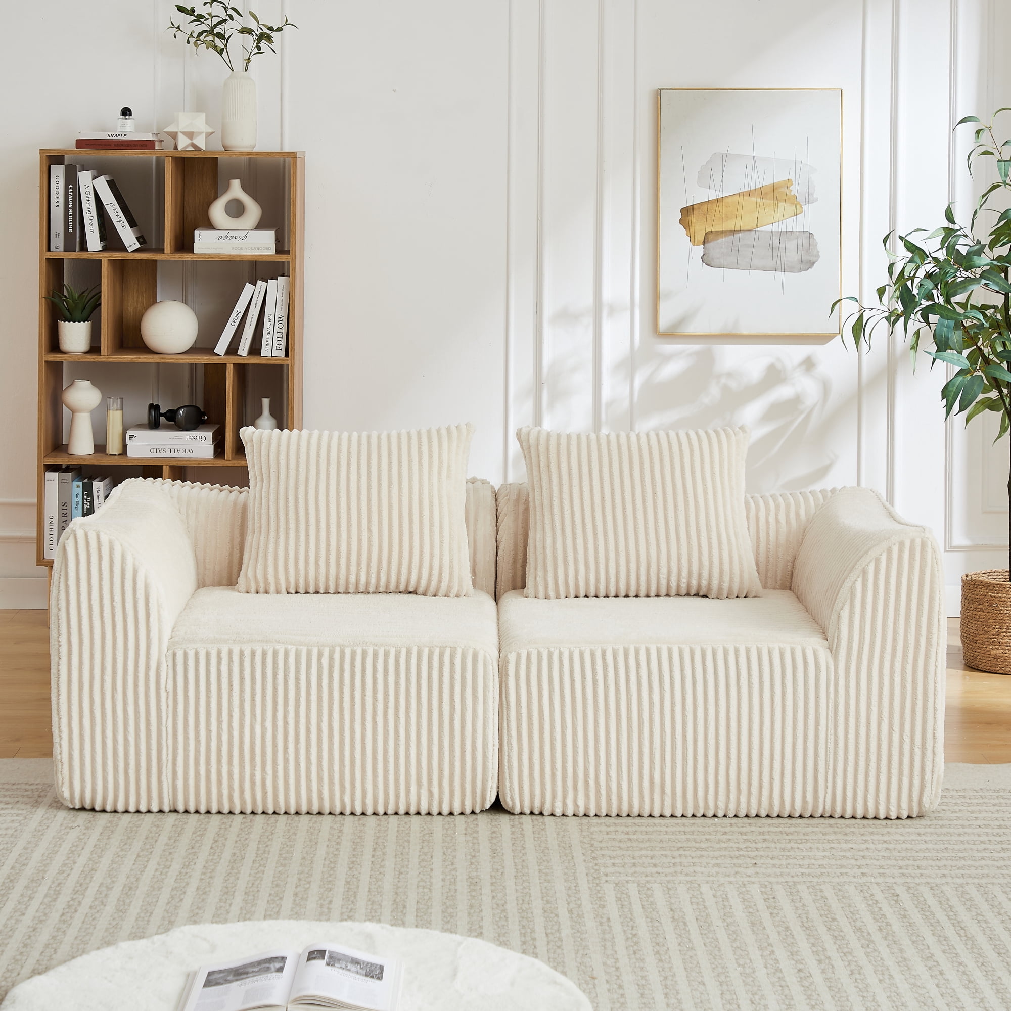 Leumius Corduroy Sofa for Living Room, Boneless Loveseat Couch with Gently Sloped Backrest and 2 Pillows,No Assembly,Beige(2 Seat)