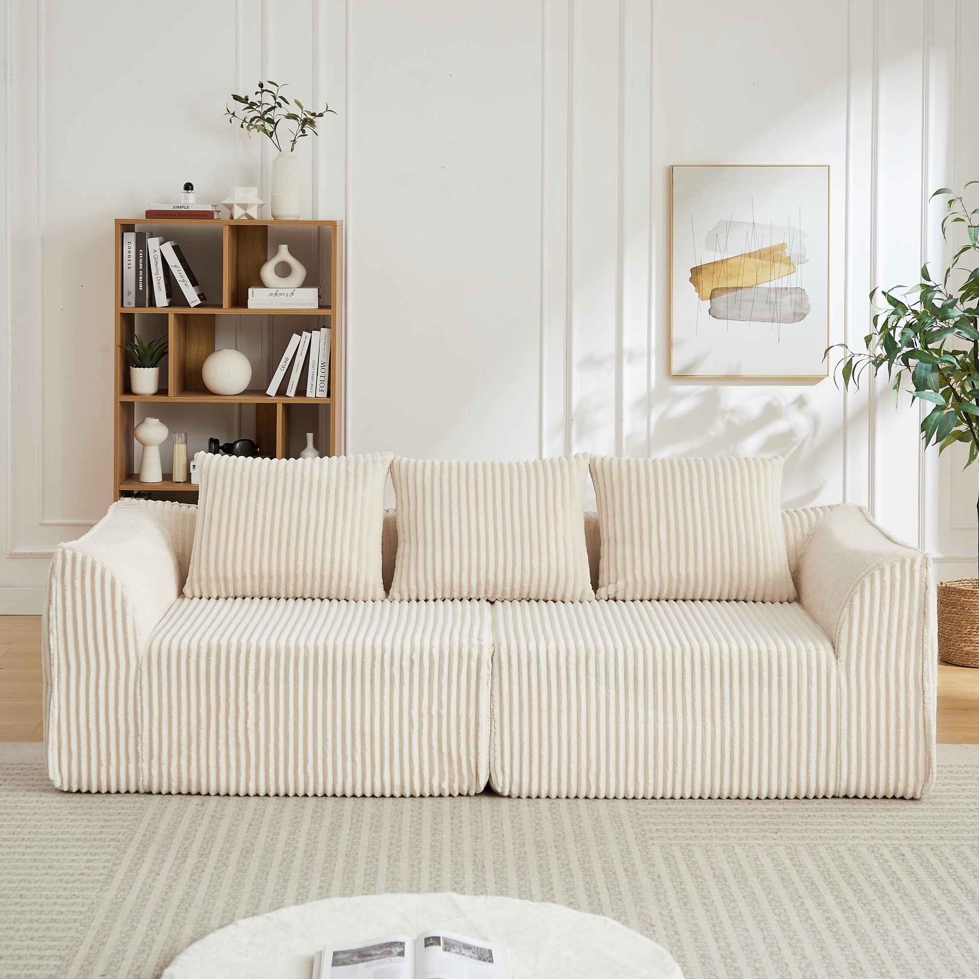 Leumius Corduroy Sofa for Living Room, Boneless Loveseat Couch with Gently Sloped Backrest and 2 Pillows,No Assembly,Beige(3 Seat)