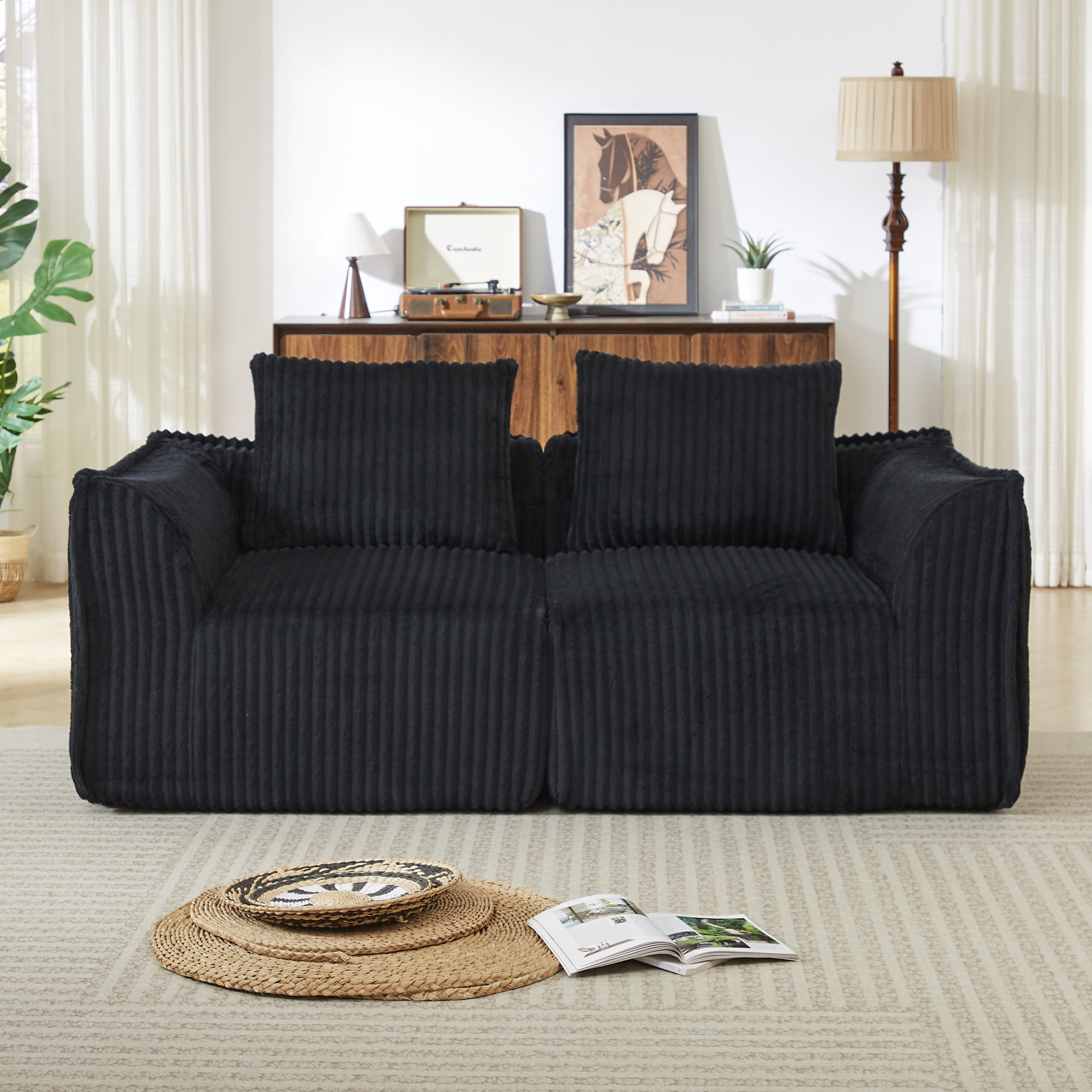 Leumius Corduroy Sofa for Living Room, Boneless Loveseat Couch with Gently Sloped Backrest and 2 Pillows,No Assembly,Black(2 Seat)