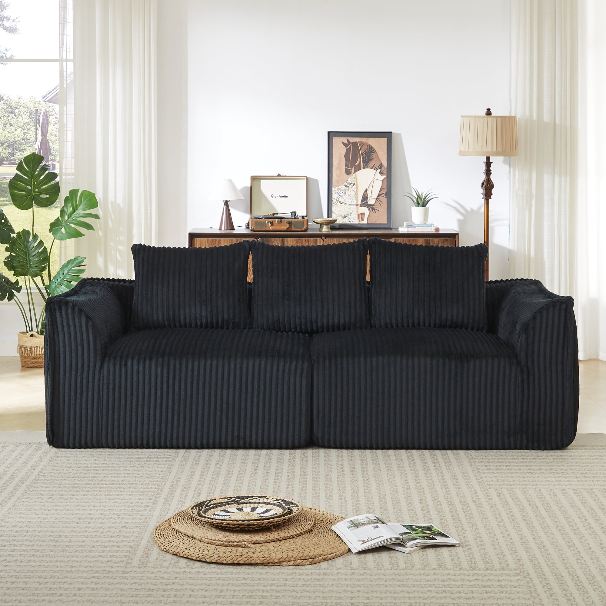 Leumius Corduroy Sofa for Living Room, Boneless Loveseat Couch with Gently Sloped Backrest and 2 Pillows,No Assembly,Black(3 Seat)