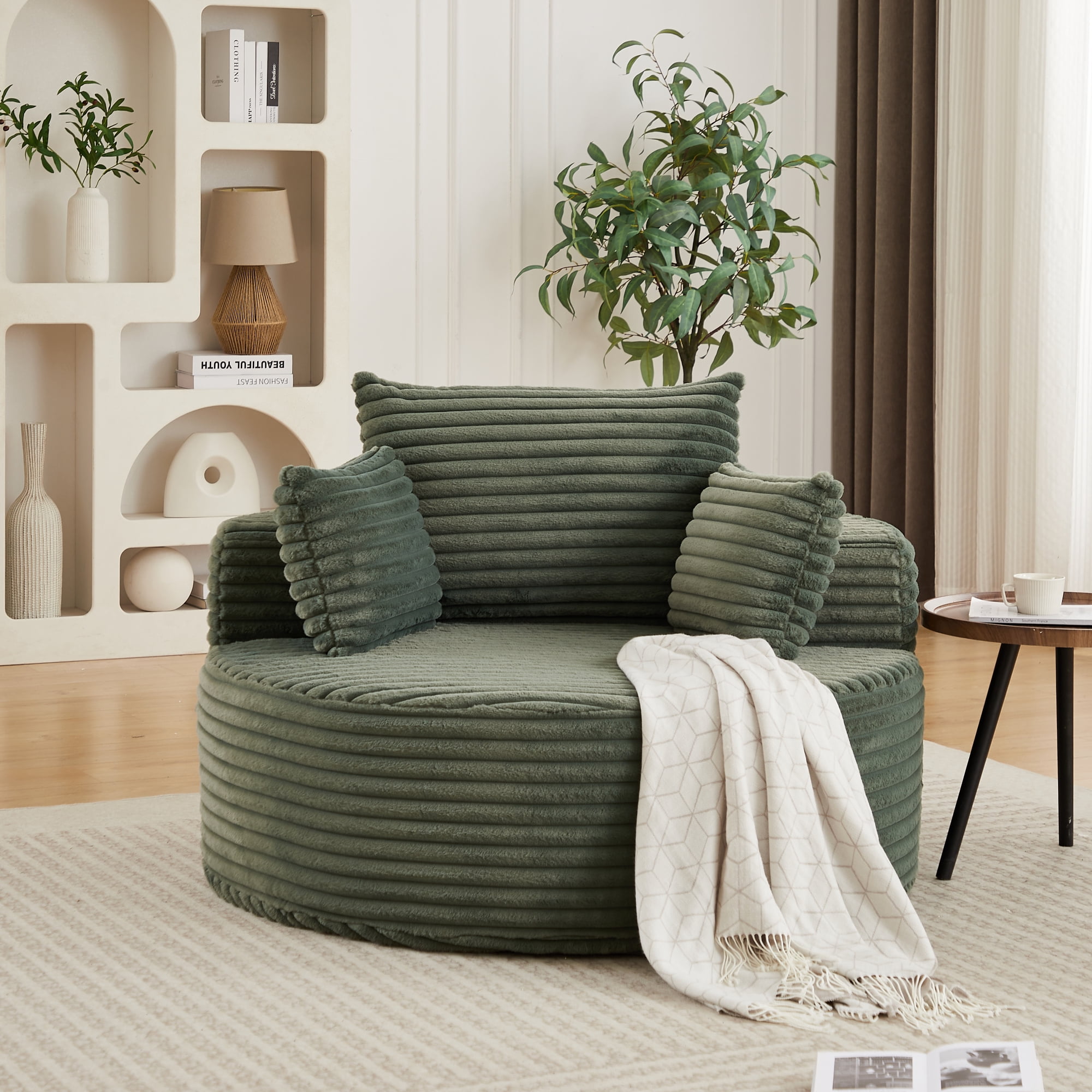 Leumius Corduroy Sponge Single Sofa,Fluffy Modern Sleeper Chair for Living Room, Bedroom, Lounge and Projection Room No Assembly Required Green