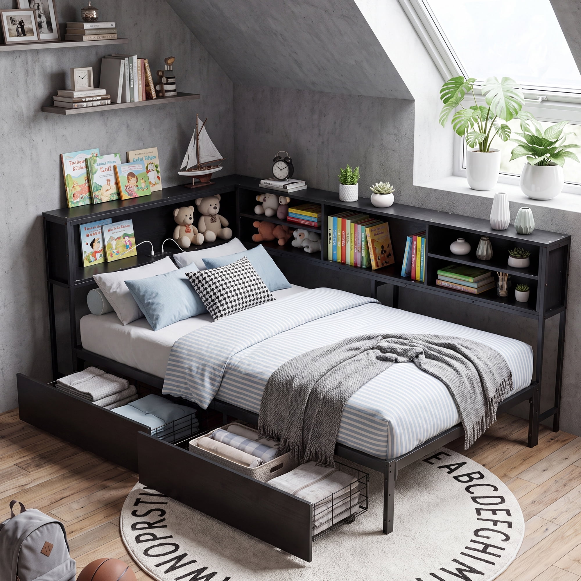 Leumius Corner Bed Frame with Storage Bookcase, Full Daybed with LED Lights & 2 Drawers, Metal Platform Bed with Headboard and Charging Station for Bedroom Guest Room Black