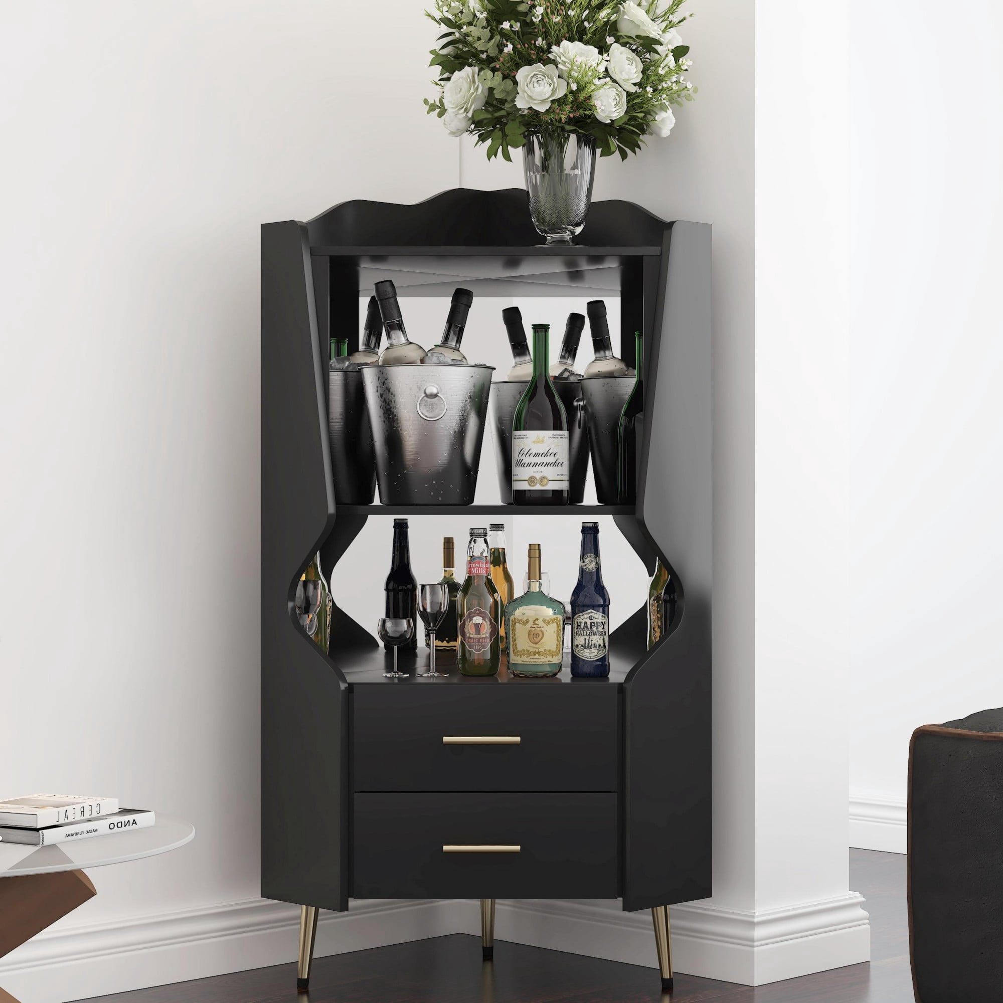 Leumius Corner Coffee Bar Cabinet with 2 Open Shelves and 2 Drawers,Mirrored Back Sideboard,High Legs for Dining Room,Black