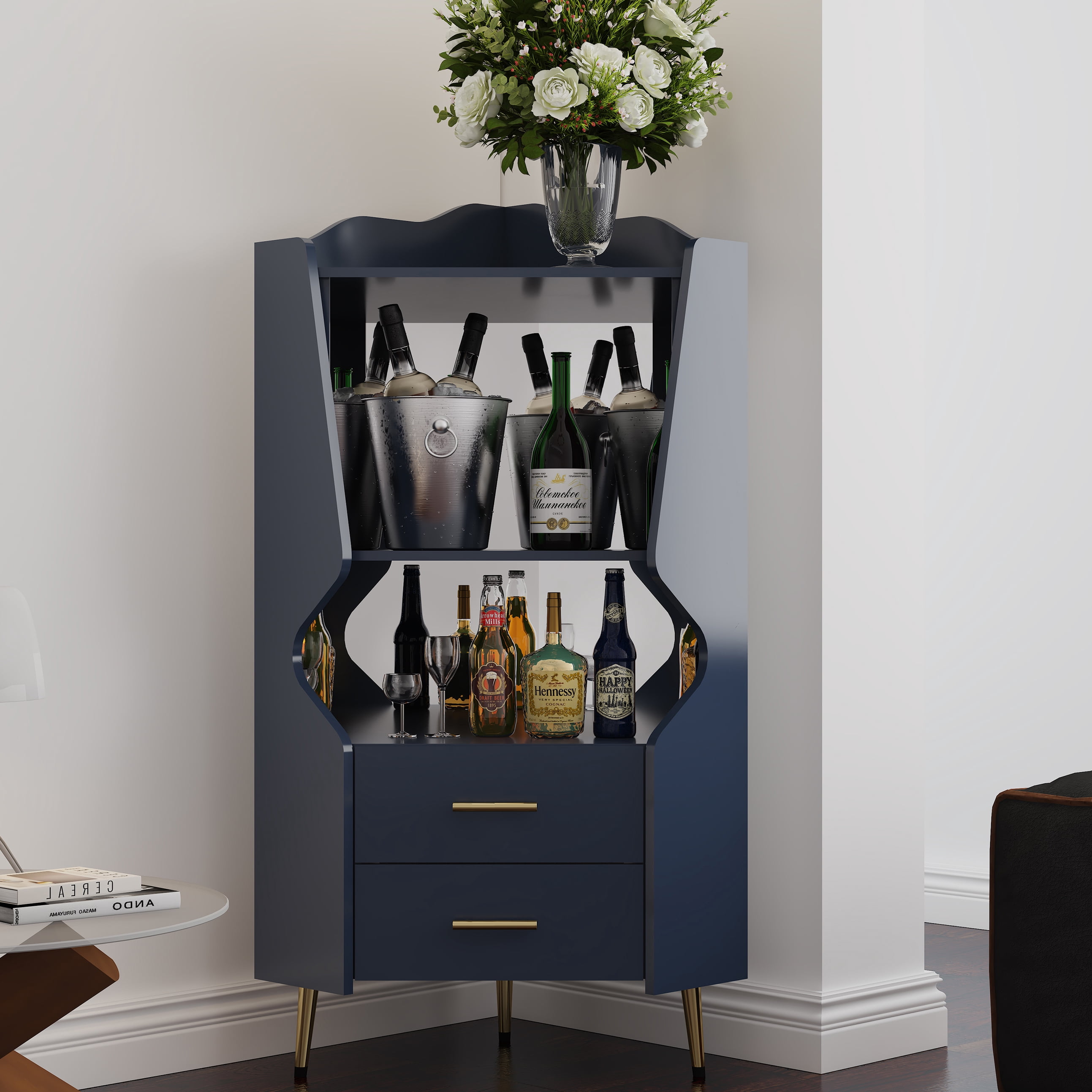 Leumius Corner Coffee Bar Cabinet with 2 Open Shelves and 2 Drawers,Mirrored Back Sideboard,High Legs for Dining Room,Blue