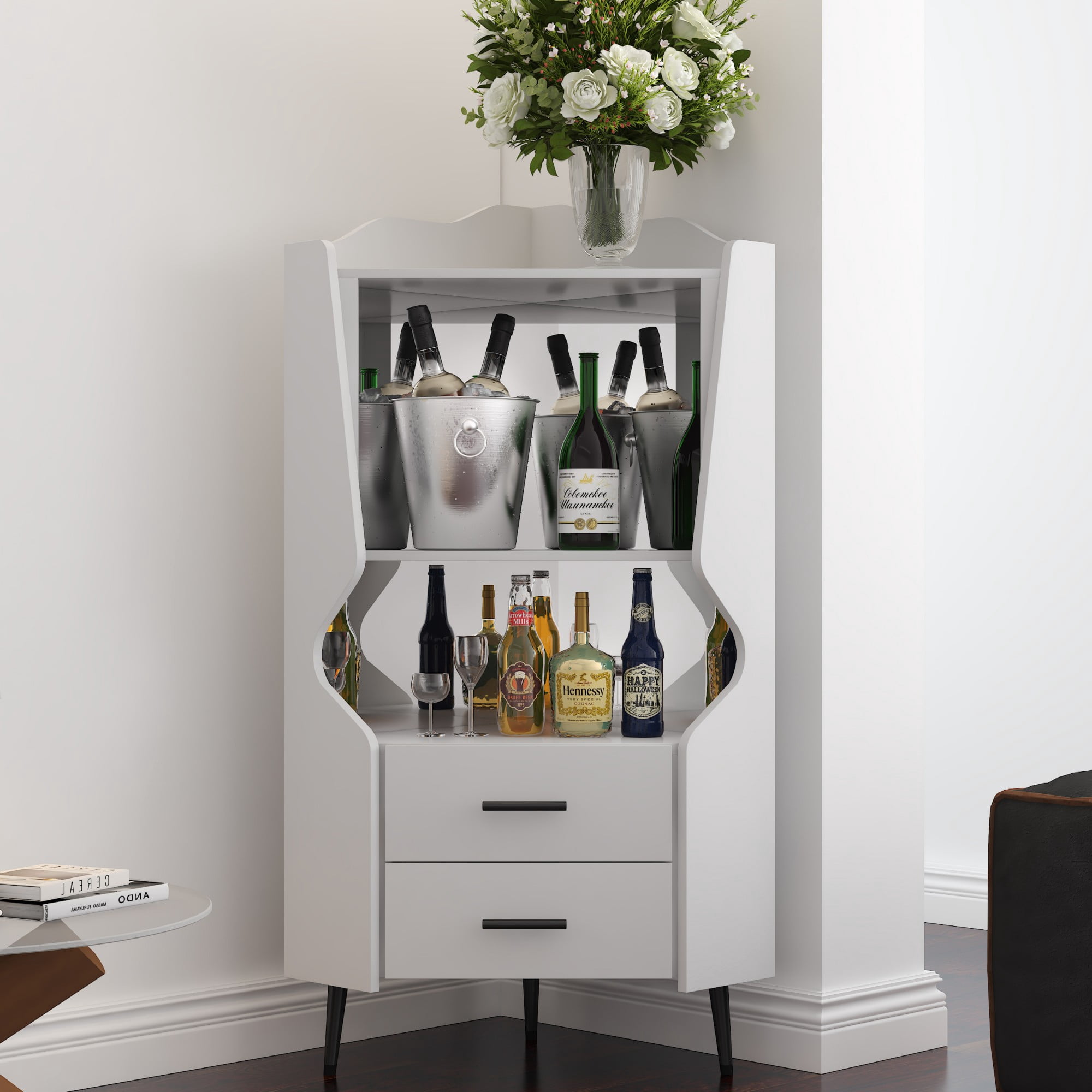 Leumius Corner Coffee Bar Cabinet with 2 Open Shelves and 2 Drawers,Mirrored Back Sideboard,High Legs for Dining Room,White