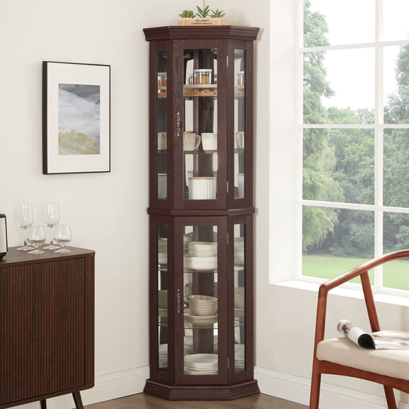 Leumius Corner Curio Display Cabinet, Glass Display Shelf Shelving Bar Cabinet with Tempered Glass Door, Bar Cabinet,Cabinet with Adjustable Shelf Glass Cabinet Shelves for Home Decor Dark Cherry