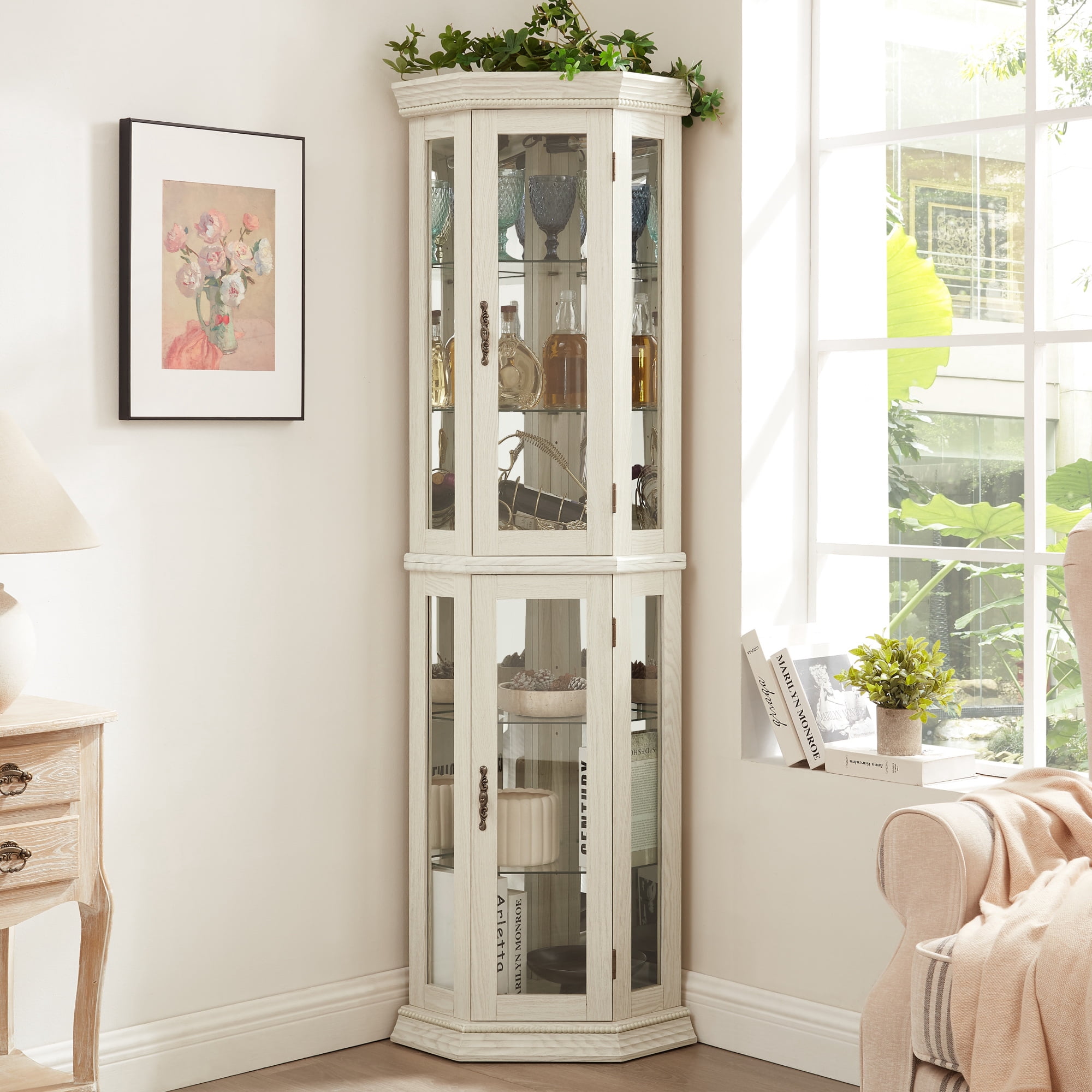 Leumius Corner Curio Display Cabinet, Glass Display Shelf Shelving Bar Cabinet with Tempered Glass Door, Bar Cabinet,Cabinet with Adjustable Shelf Glass Cabinet Shelves for Home Decor White