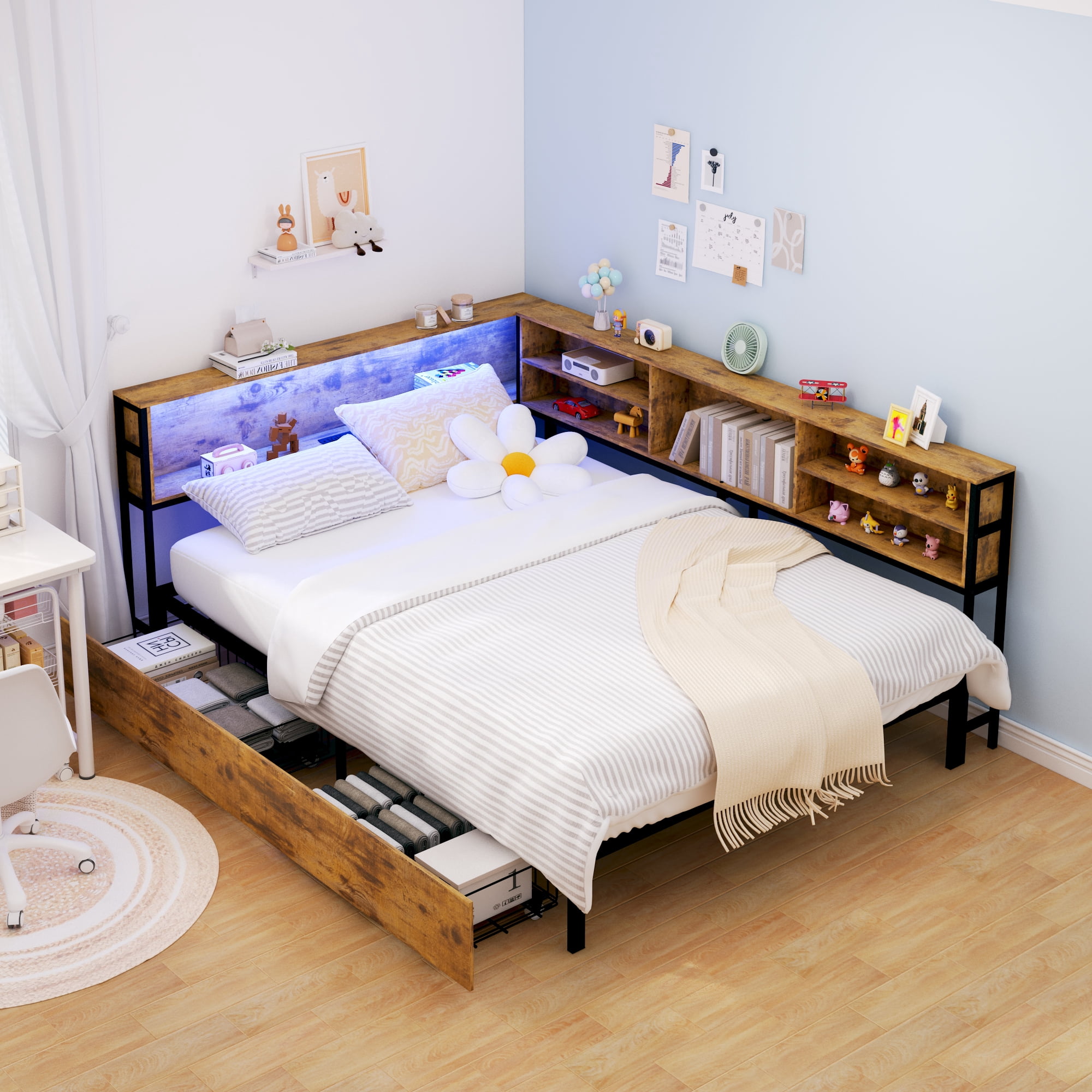 Leumius Corner Full Bed Frame with Storage Drawers,Bookcase Headboard, LED Lighting & USB Charging Station,Full Size Daybed Corner Bed for Bedroom,