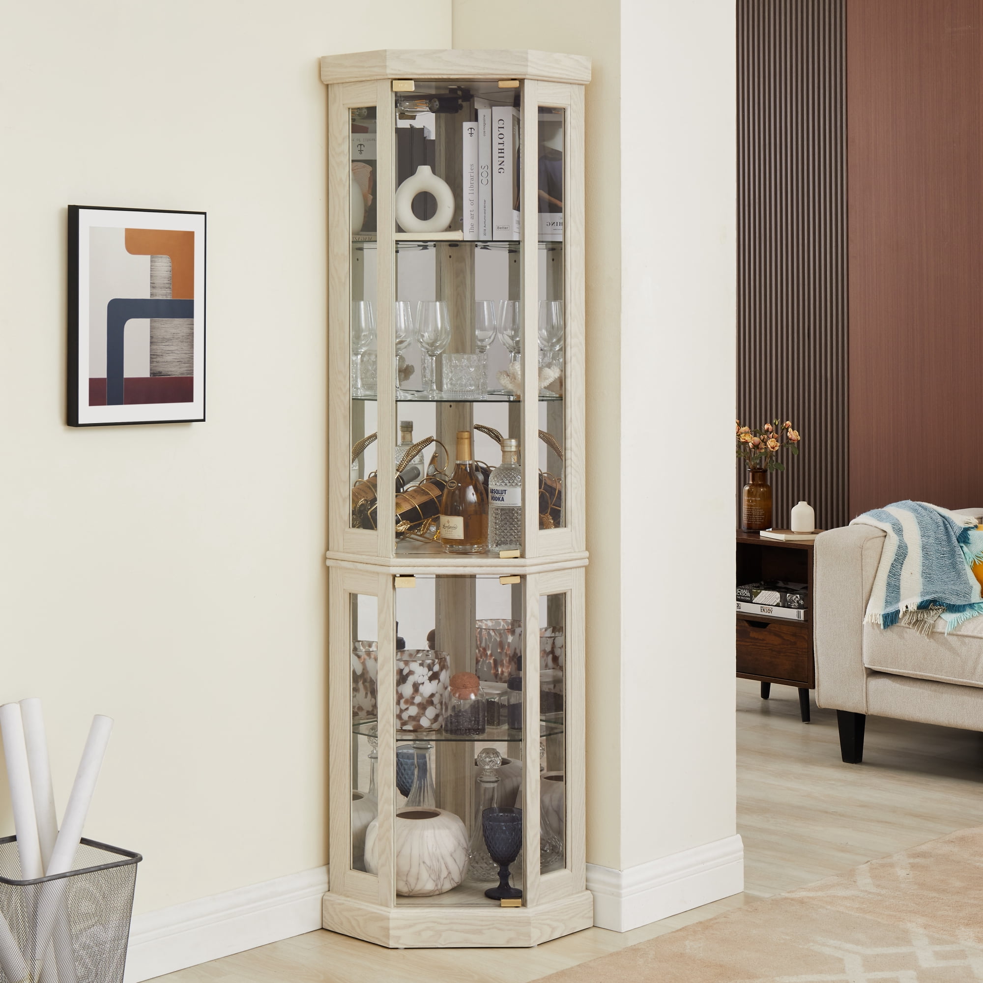 Leumius Corner Glass Cabinet Lighted Curio Cabinet Corner Display Case, Curio Cabinet, Antique collection, Wine, Bar Glass Storage Light Included for Living Room White