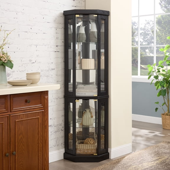 Leumius Corner Glass Cabinet Lighted Curio Cabinet Corner Display Case, Curio Cabinet, Antique collection, Wine, Bar Glass Storage Light Included for Living Room Black