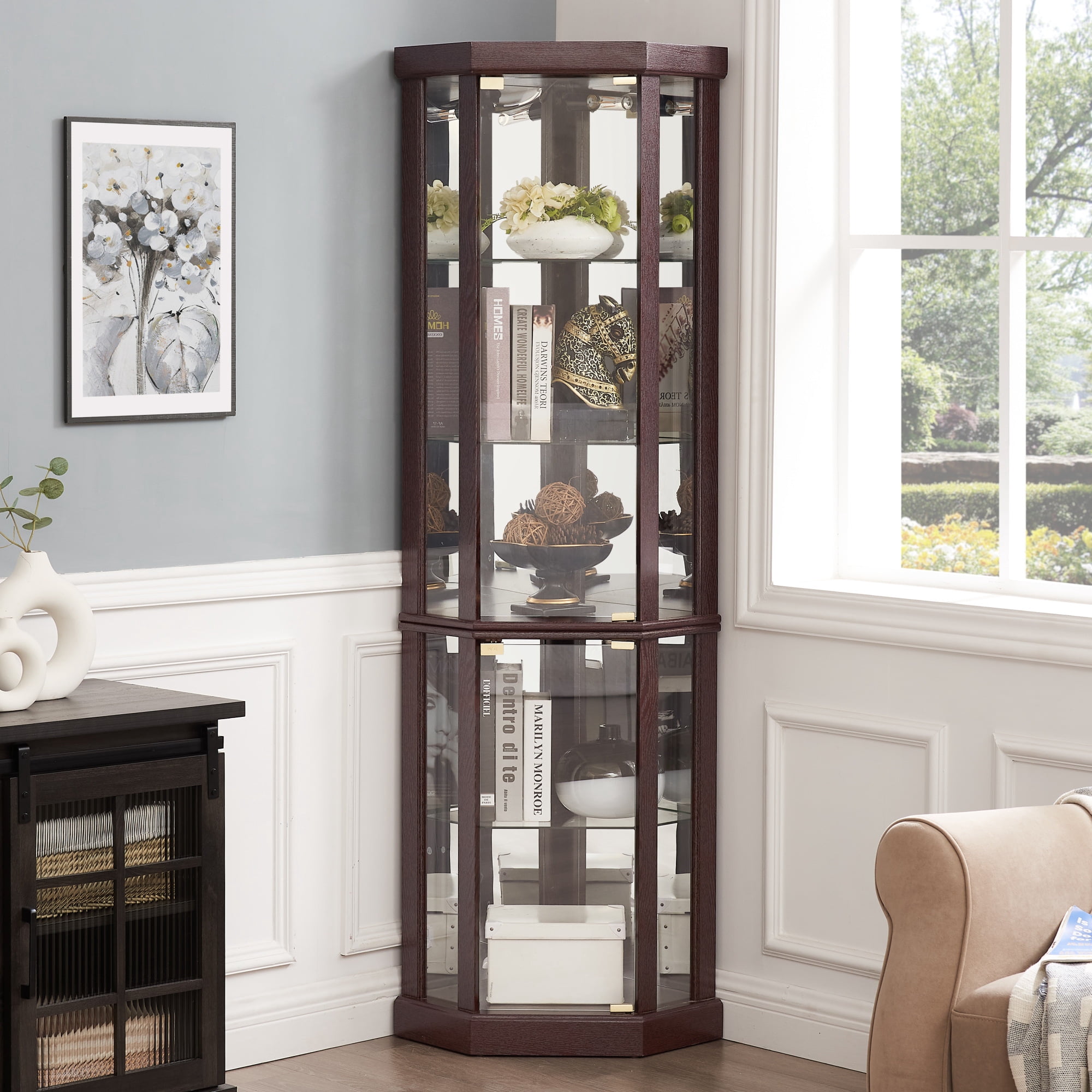 Leumius Corner Lighted Curio Cabinet Corner Glass Cabinet Lighted Curio Cabinet Corner Display Case for Living Room, Curio Cabinet, Antique Collection, Wine Cherry