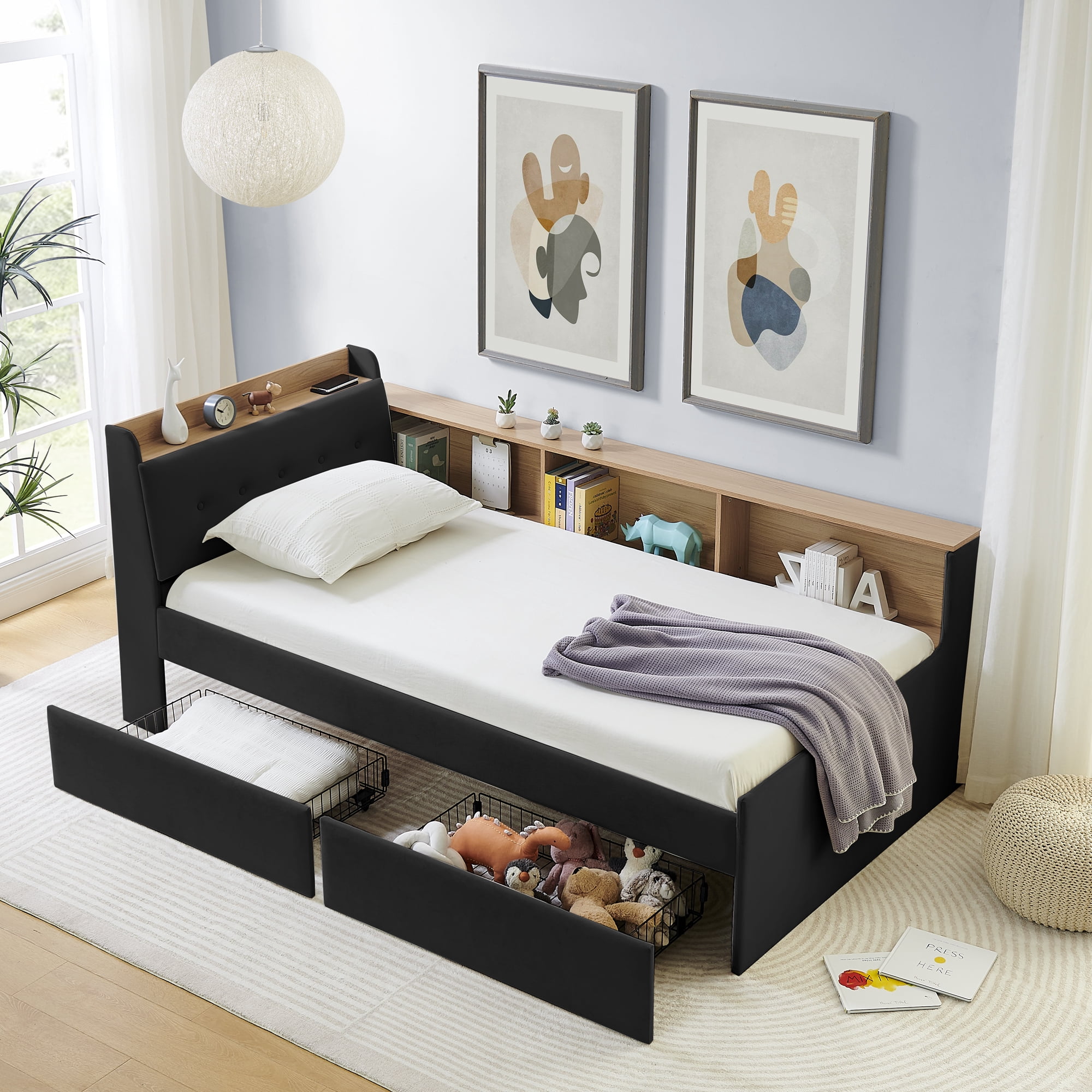 Leumius Corner Twin Size Bed Frame with Storage Headboard and Bookcase,Upholstered Daybed with Two Storage Drawers,LED Lights,Wireless Charging,Black