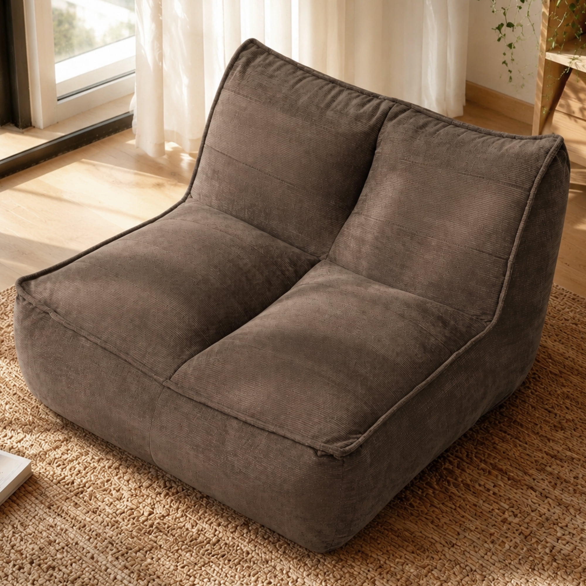 Leumius Cozy Fluffy Cloud Lazy Sofa, 2-Seater Corduroy Bean Bag Lounge Chair, Lightweight Single-Seat Couch for Living Room, Bedroom, Dorm Room, Office & Small Spaces,Brown