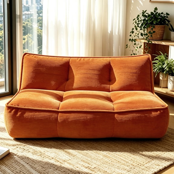 Leumius Cozy Fluffy Cloud Lazy Sofa, 3-Seater Corduroy Bean Bag Lounge Chair, Lightweight Single-Seat Couch for Living Room, Bedroom, Dorm Room, Office & Small Spaces,Orange