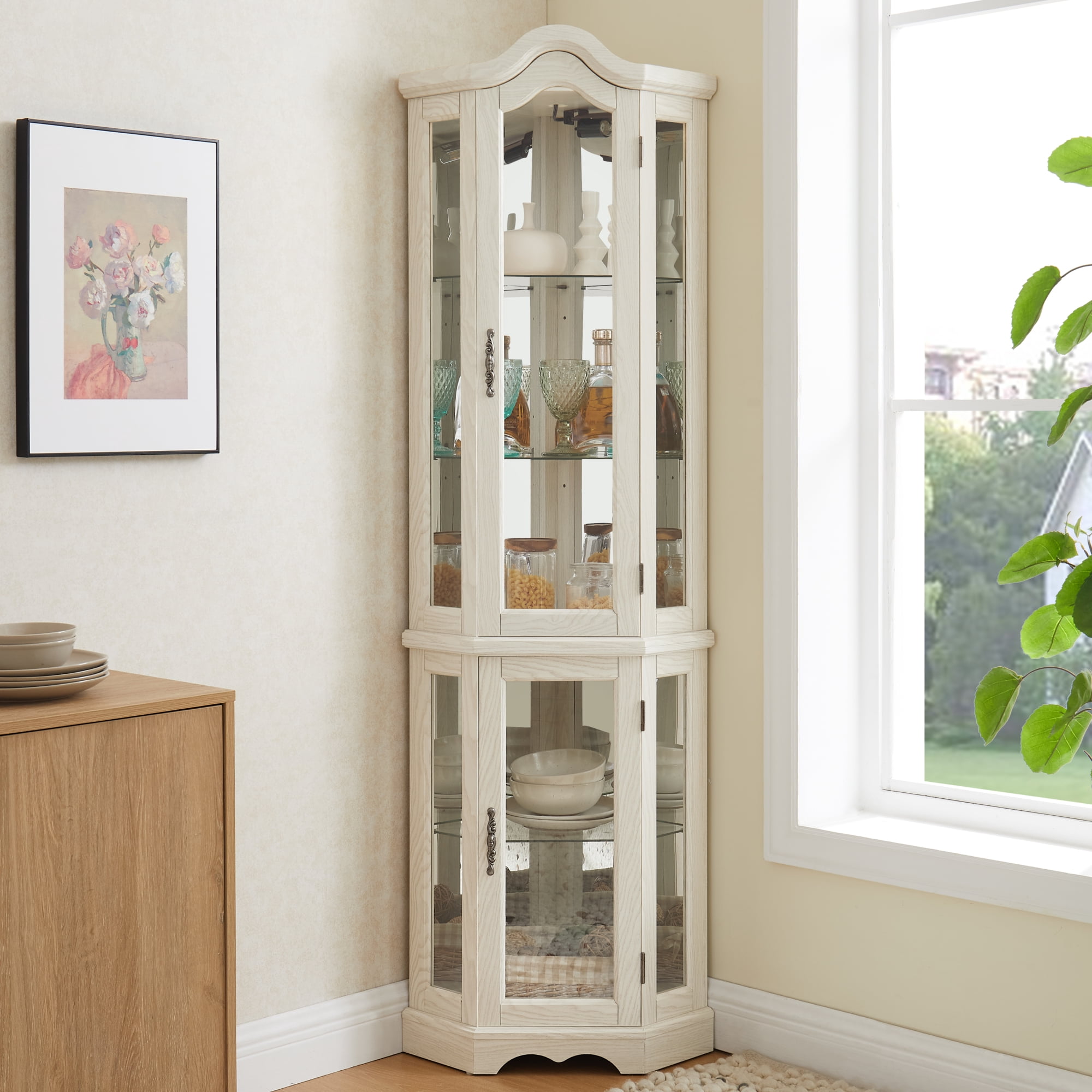 Leumius Curio Cabinet Lighted Glass Display Curio Cabinet with Tempered Glass Doors and Shelves, Crown Corner Cabinet with Bulb, Corner Storage Decoration for Living Room and Bedroom White