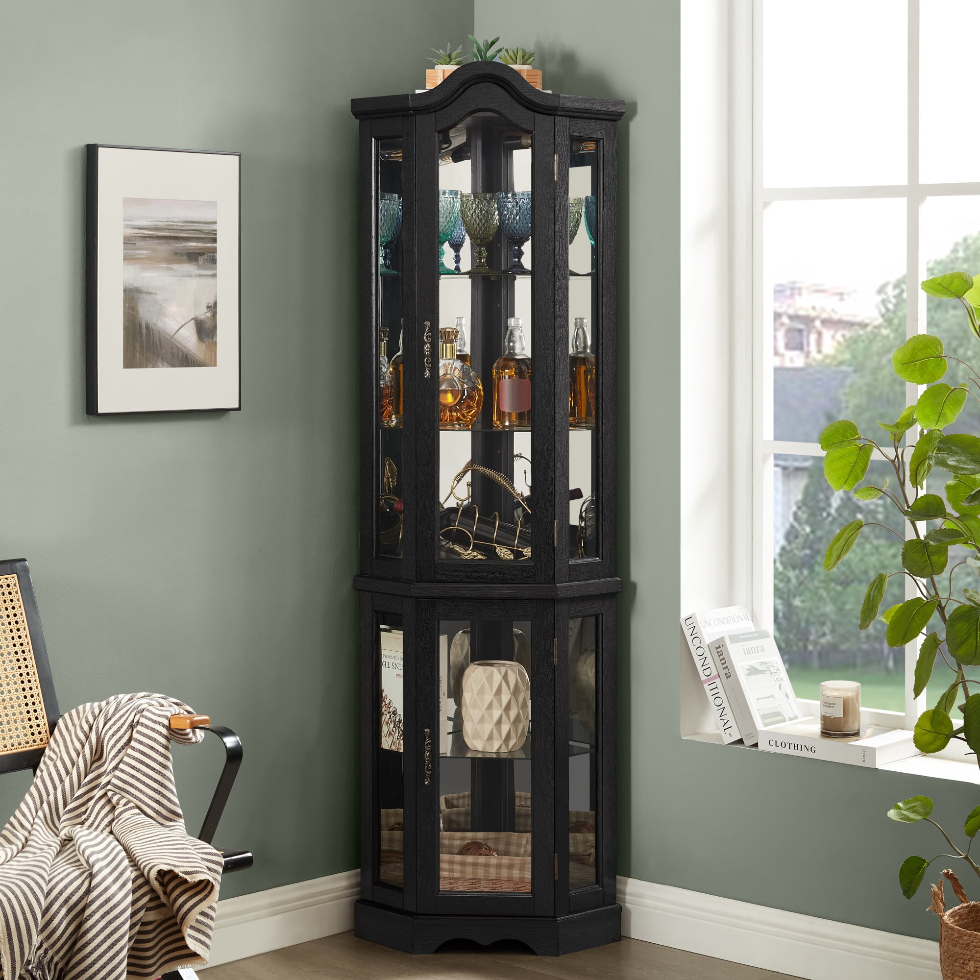 Leumius Curio Cabinet Lighted Glass Display Curio Cabinet with Tempered Glass Doors and Shelves, Crown Corner Cabinet with Bulb, Corner Storage Decoration for Living Room and Bedroom Black