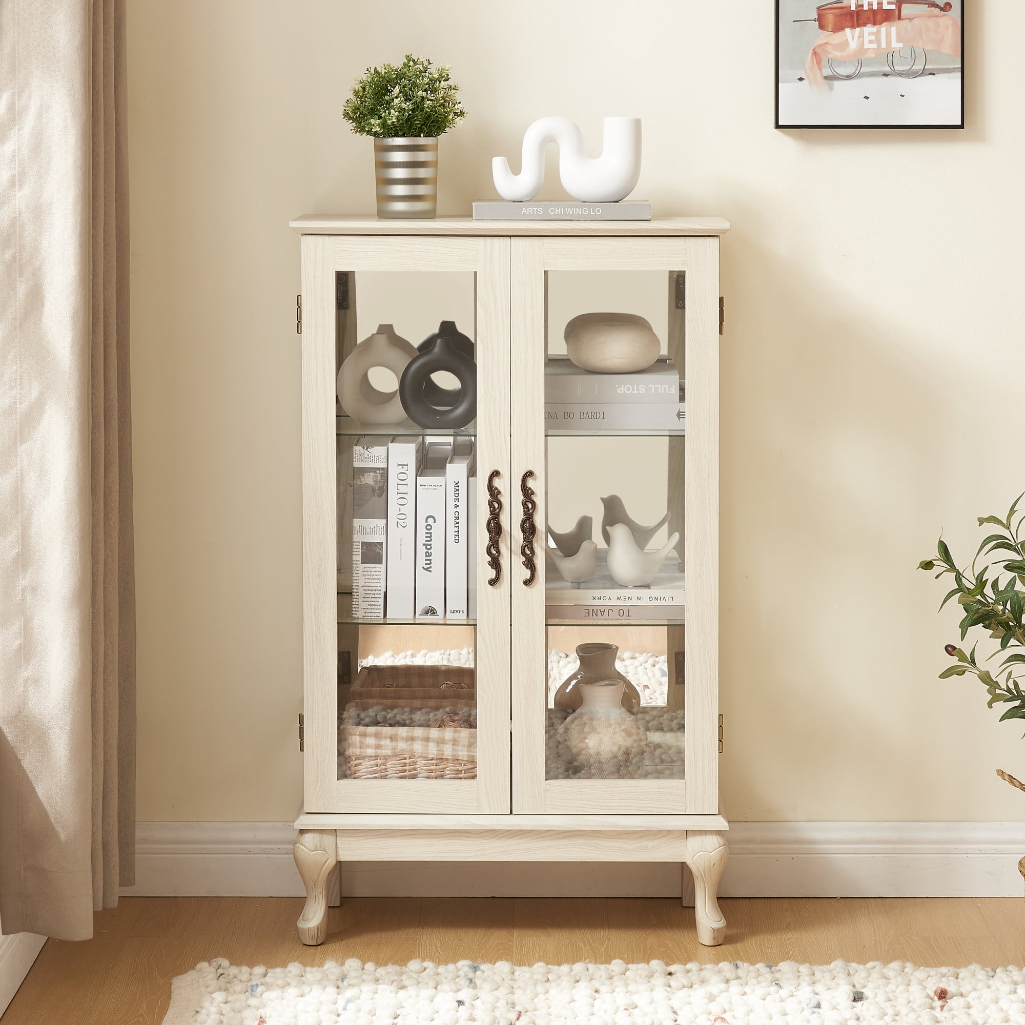Leumius Curio Cabinet with Tempered Glass Doors, Lighted Display Cabinet with Mirrored Back Panel & Adjustable Shelves for Home or Office White