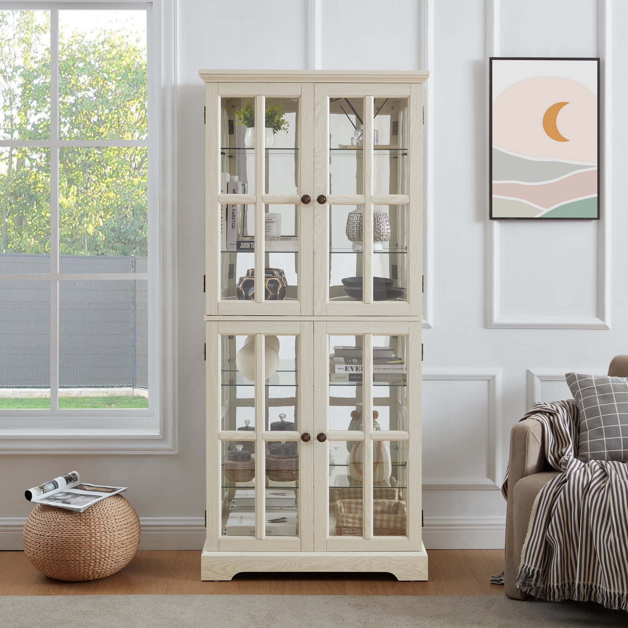 Leumius Curio Display Cabinet,Antique Display Cabinet with Glass Doors Adjustable Shelves for Collectibles Four Door Design Vintage Showcase for Home or Office White