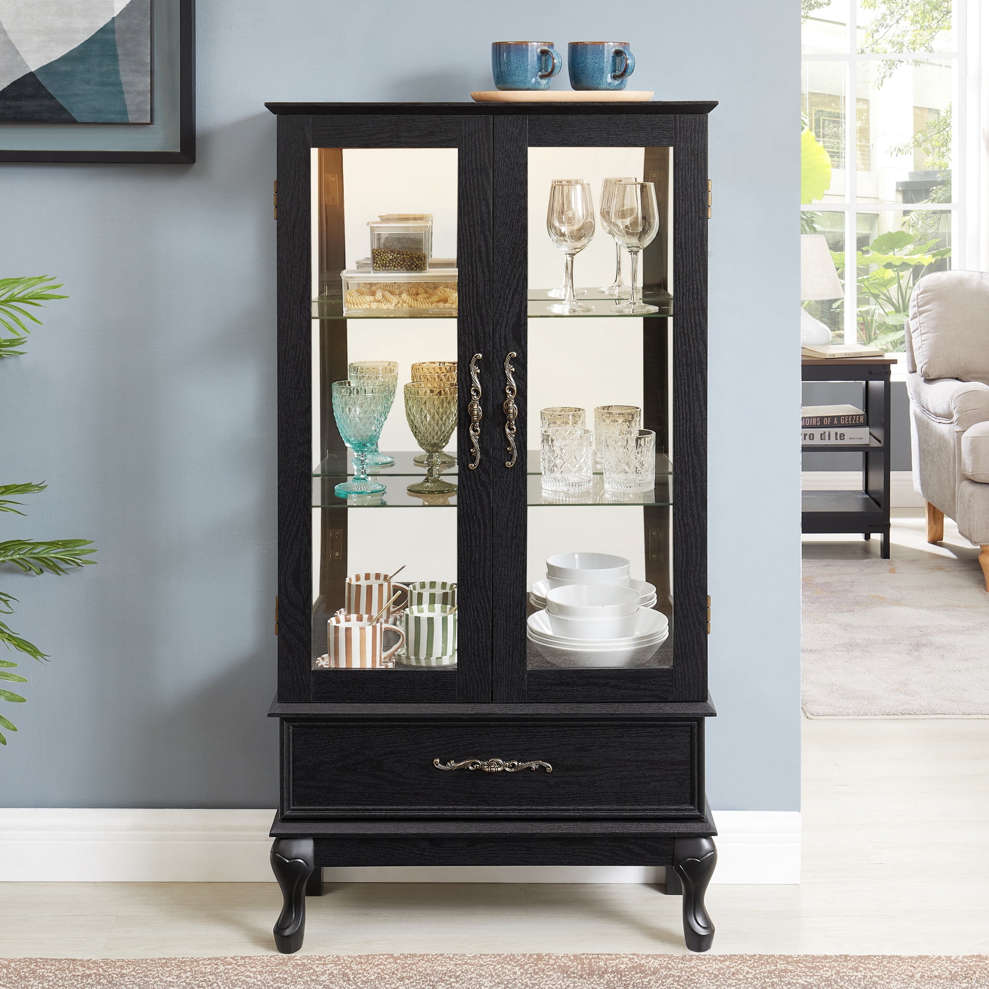 Leumius Curio Glass Cabinet, Glass Wine Cabinet Curio Display Cabinet with Adjustable Glass Shelves 2 Doors and 1 Drawer Cabinet Sideboard with Bulb Included for Home Decor Black