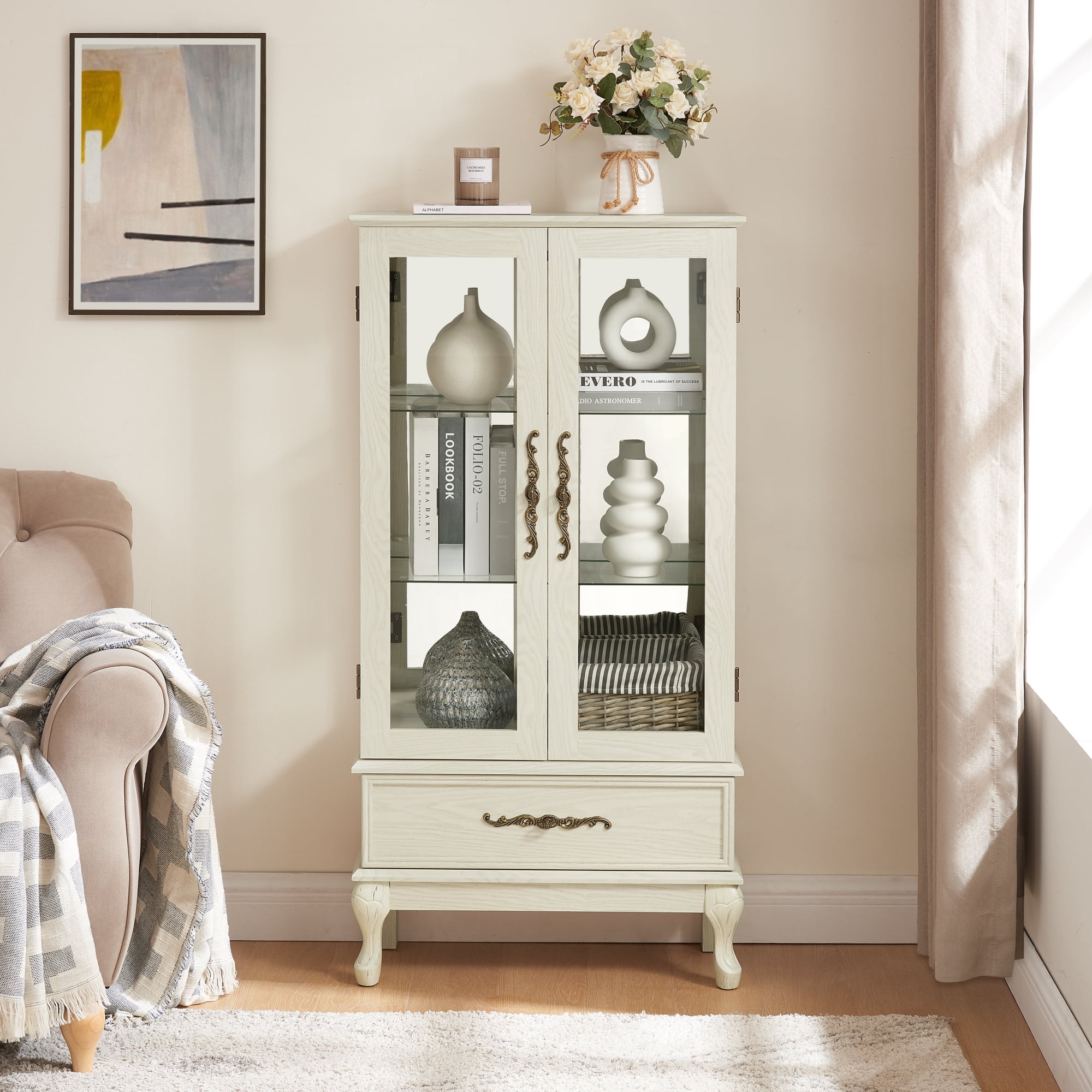 Leumius Curio Glass Cabinet, Glass Wine Cabinet Curio Display Cabinet with Adjustable Glass Shelves 2 Doors and 1 Drawer Cabinet Sideboard with Bulb Included for Home Decor White