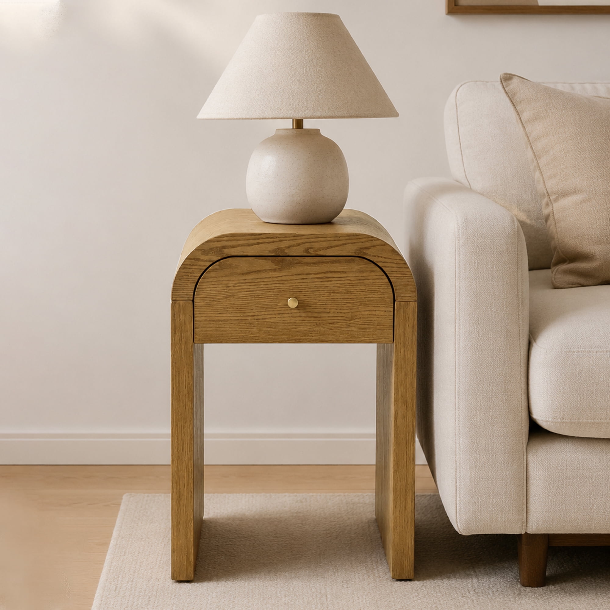 Leumius Curved Side Table with 1 Drawer Nightstand Side End Table with Rounded Edge Tabletop for Bedroom Living Room Walnut