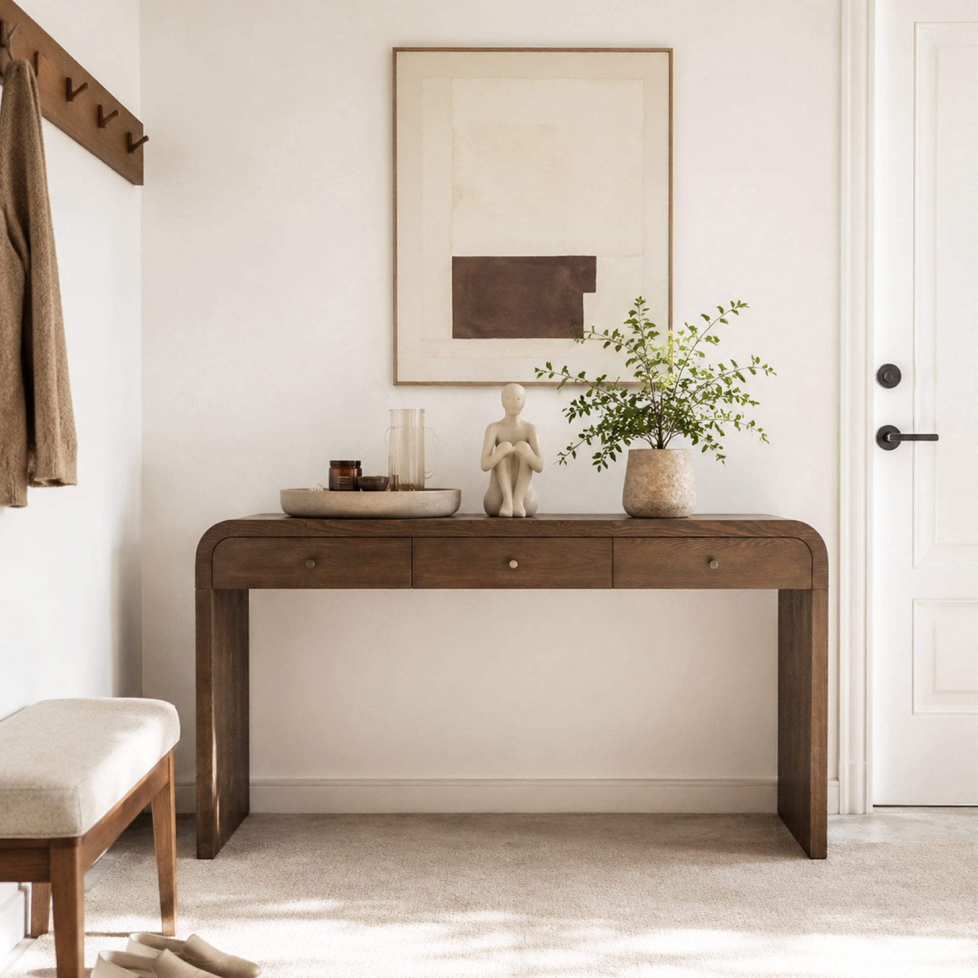 Leumius Curved Side Table with 3-Drawer, Entryway Sofa Table with Gold Pull Handles, Storage Accent Table for Living Room Hallway Foyer Dark Brown
