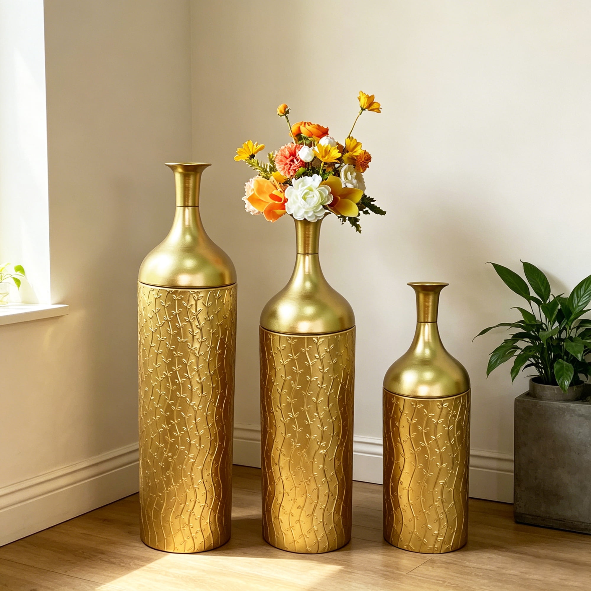 Leumius Decorative Metal Vases Set of 3, Gold Leaf Pattern Floor Vases, Gold Tall Vases for Home Decor, Living Room Entryway Decor