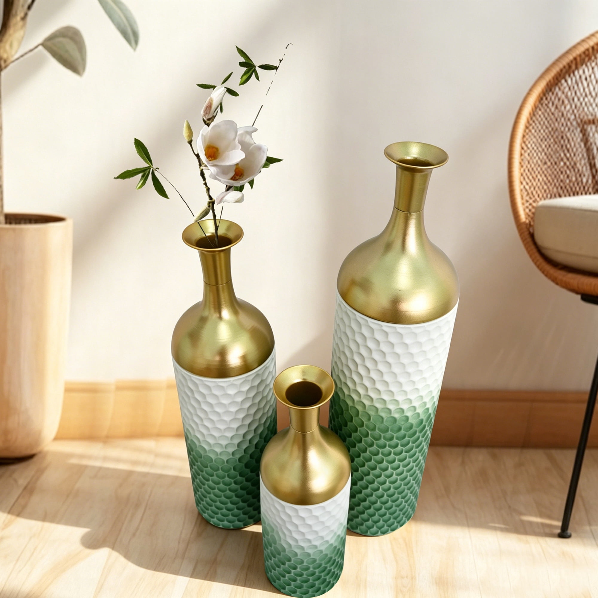 Leumius Decorative Metal Vases Set of 3, Green Leaf Pattern Floor Vases, Green &White Tall Vases for Home Decor, Living Room Entryway Decor