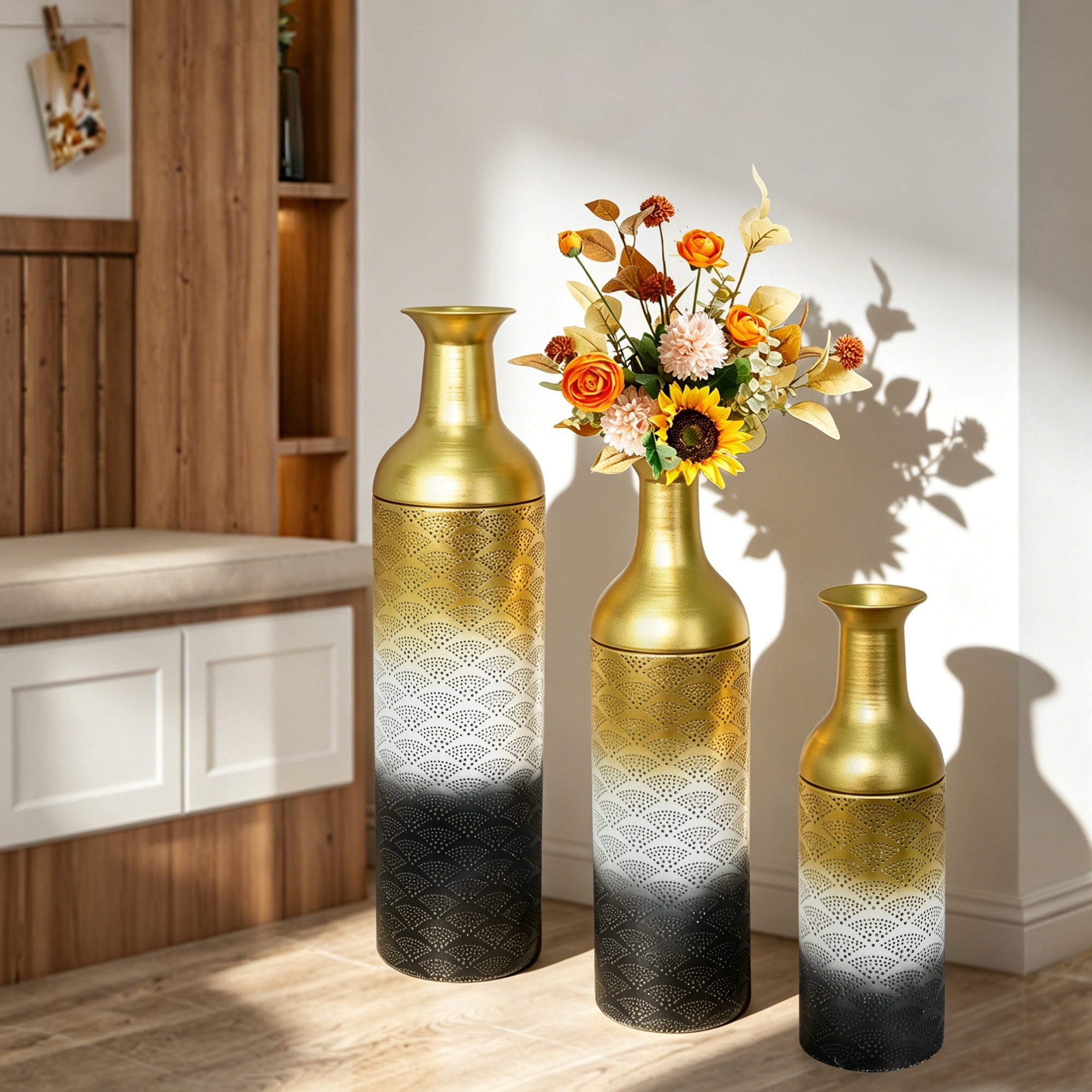 Leumius Decorative Metal Vases Set of 3, Leaf Pattern Floor Vases, White & Gold & Black Tall Vases for Home Decor, Living Room Entryway Decor