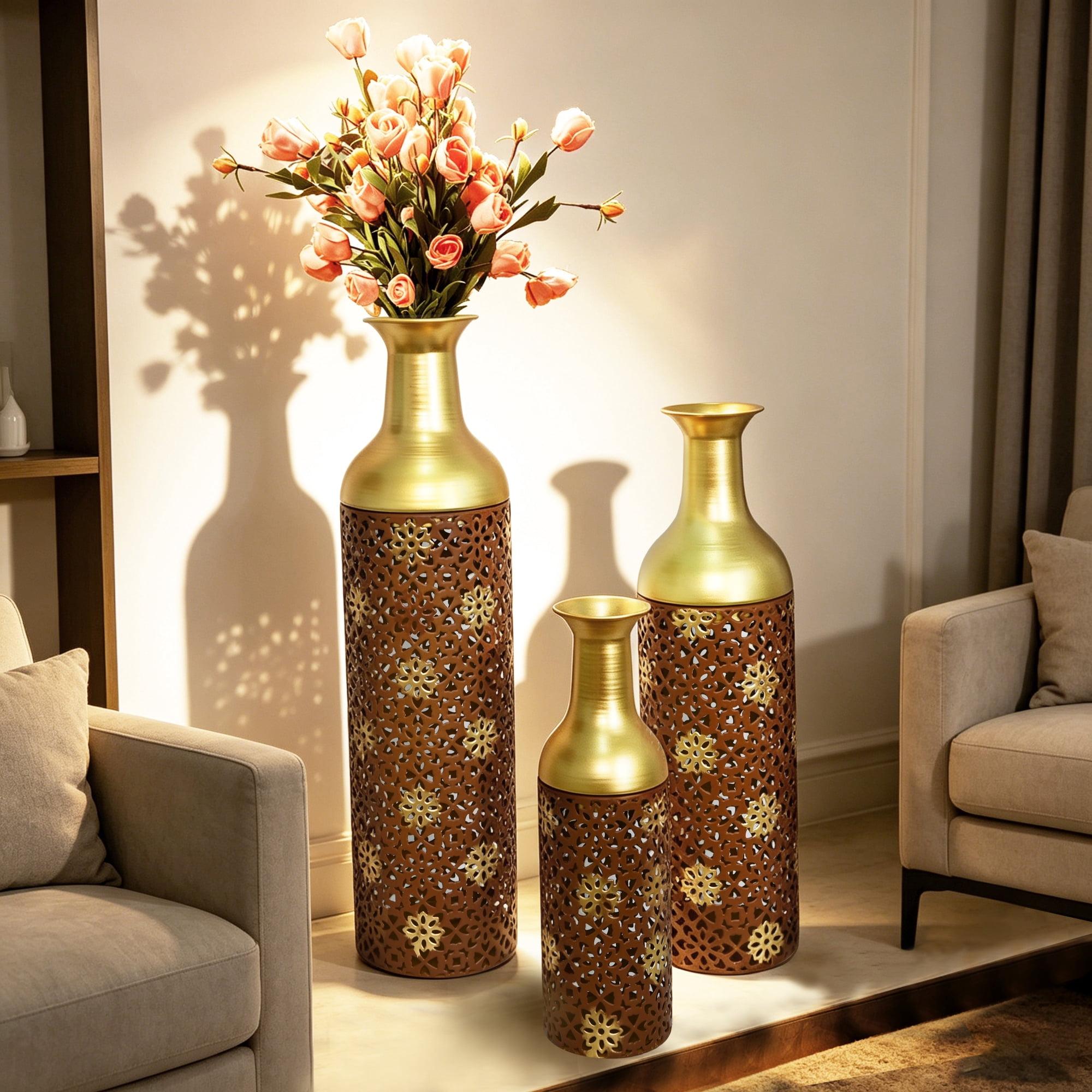 Leumius Decorative Metal Vases Set of 3, Rustic Brown Leaf Pattern Floor Vases, Rustic Brown All Vases for Home Decor, Living Room Entryway Decor