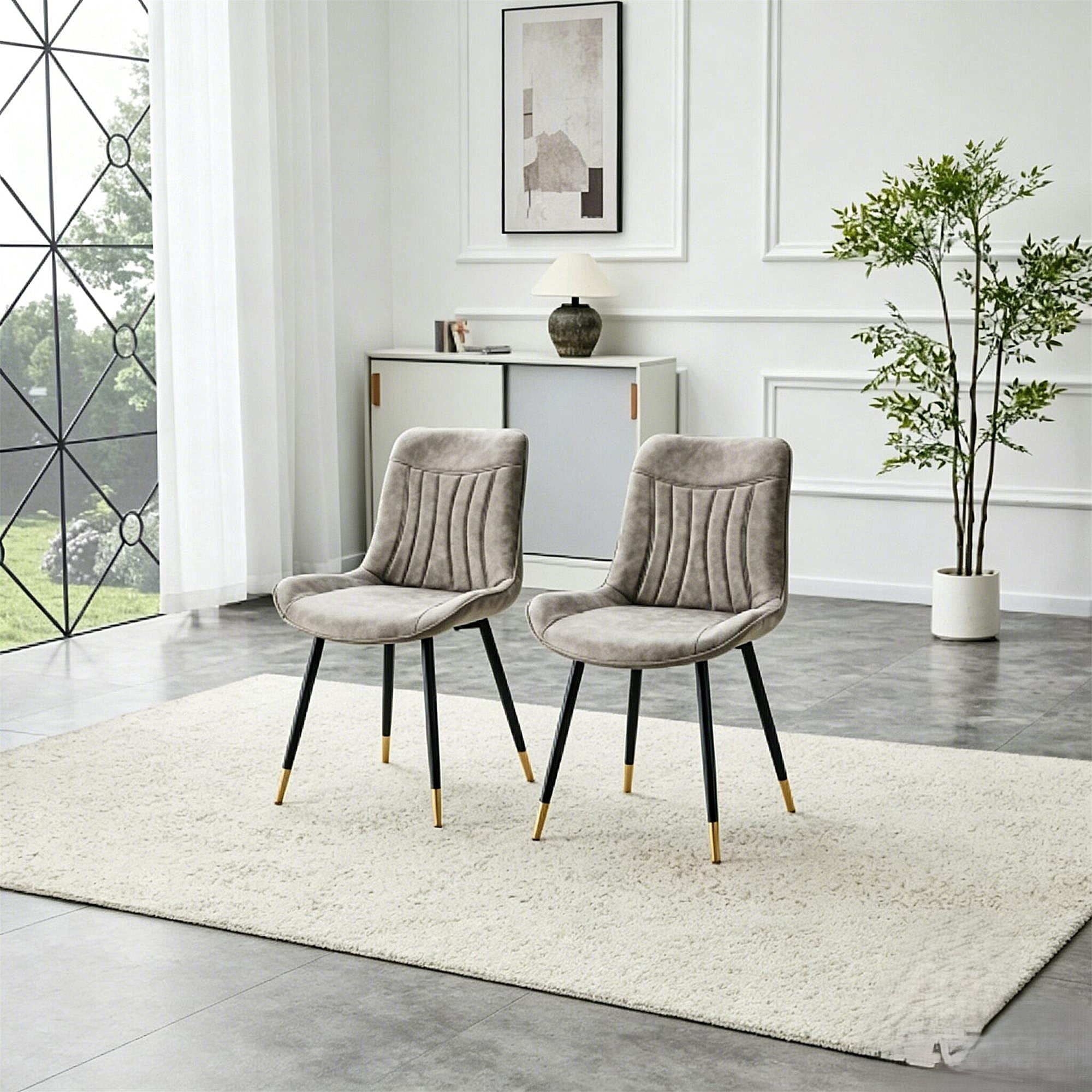 Leumius Dining Chairs Set of 2, Tech Fabric Upholstered Dining Chairs with Semi-Gloss Black Metal Legs, Gold-Trimmed Adjustable Non-Slip Feet, Vertical-Stitched High Back for Dining Room Gray