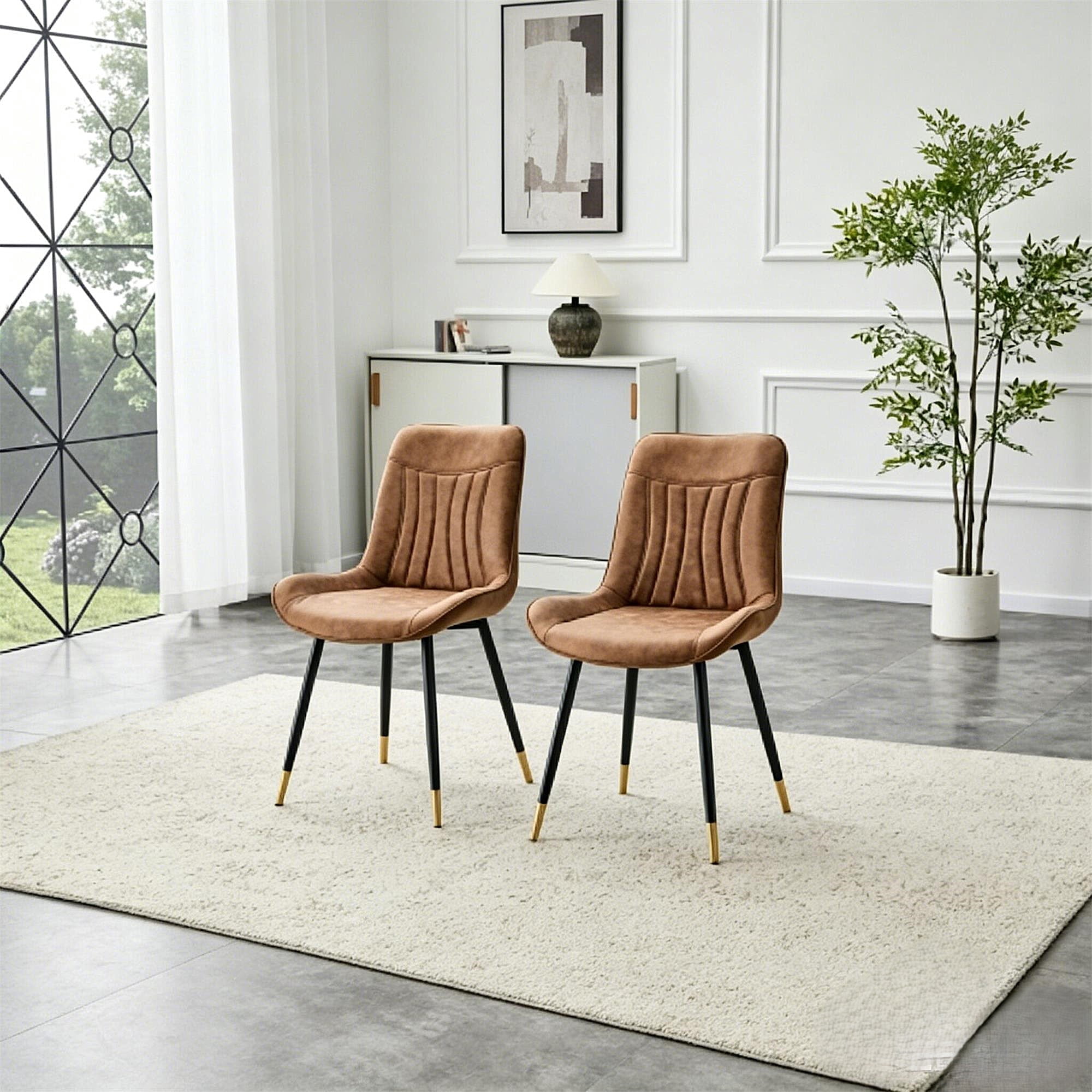 Leumius Dining Chairs Set of 2, Tech Fabric Upholstered Dining Chairs with Semi-Gloss Black Metal Legs, Gold-Trimmed Adjustable Non-Slip Feet, Vertical-Stitched High Back for Dining Room Brown