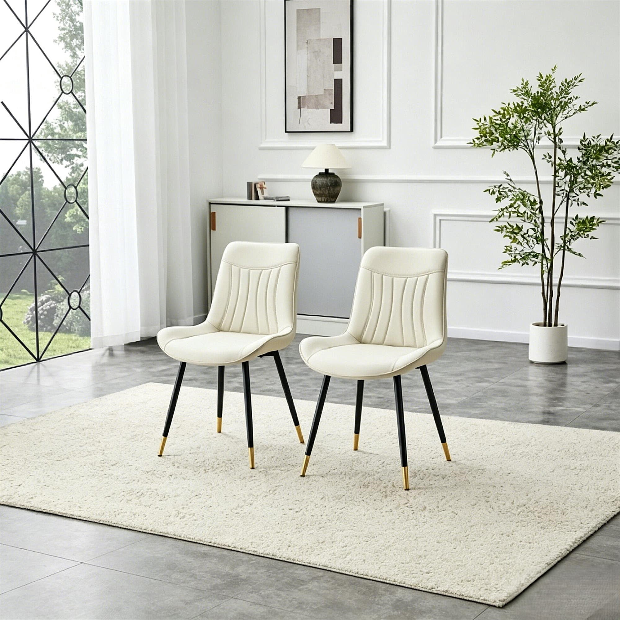 Leumius Dining Chairs Set of 2, Tech Fabric Upholstered Dining Chairs with Semi-Gloss Black Metal Legs, Gold-Trimmed Adjustable Non-Slip Feet, Vertical-Stitched High Back for Dining Room White