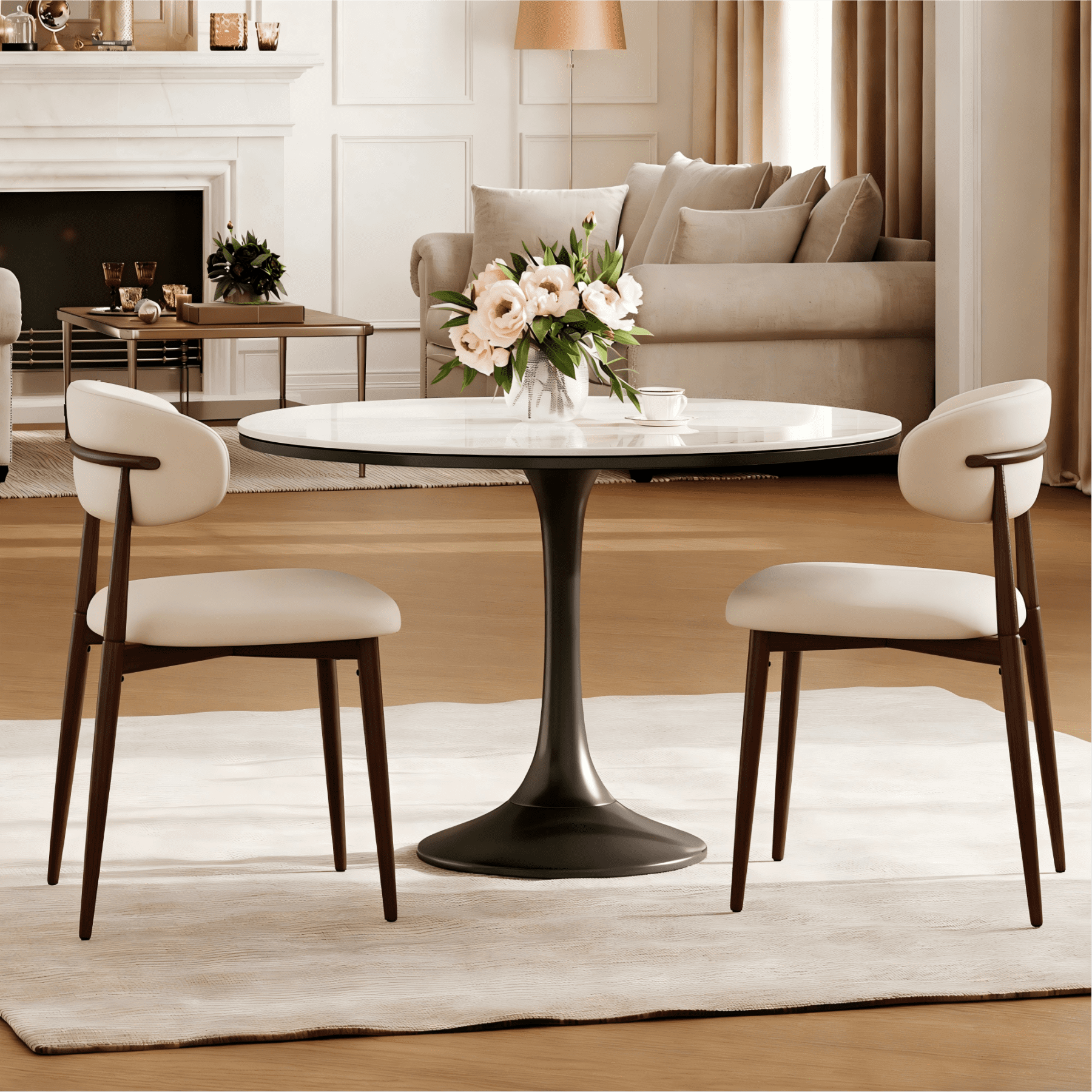 Leumius Dining Chairs Set of 2,Upholstered Dining Chairs with Curved Backrest, Modern Kitchen & Dining Room Chairs with Metal Leg for Dining Room, Restaurant,Walnut+Beige
