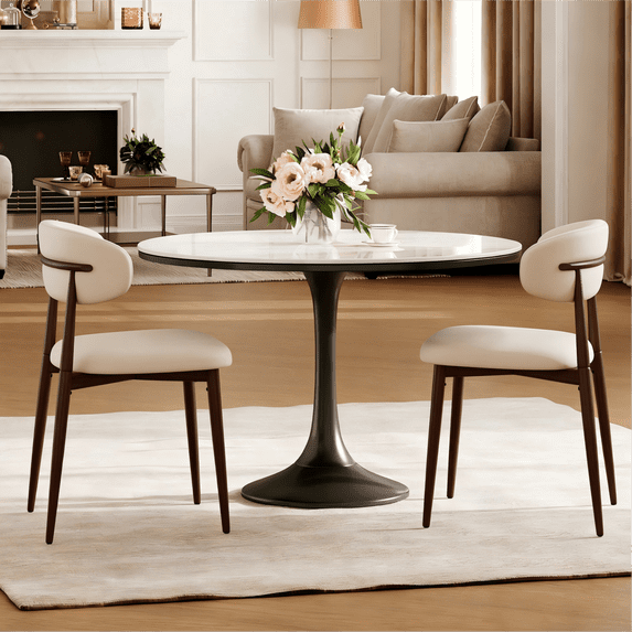 Leumius Dining Chairs Set of 2,Upholstered Dining Chairs with Curved Backrest, Modern Kitchen & Dining Room Chairs with Metal Leg for Dining Room, Restaurant,Walnut+Beige